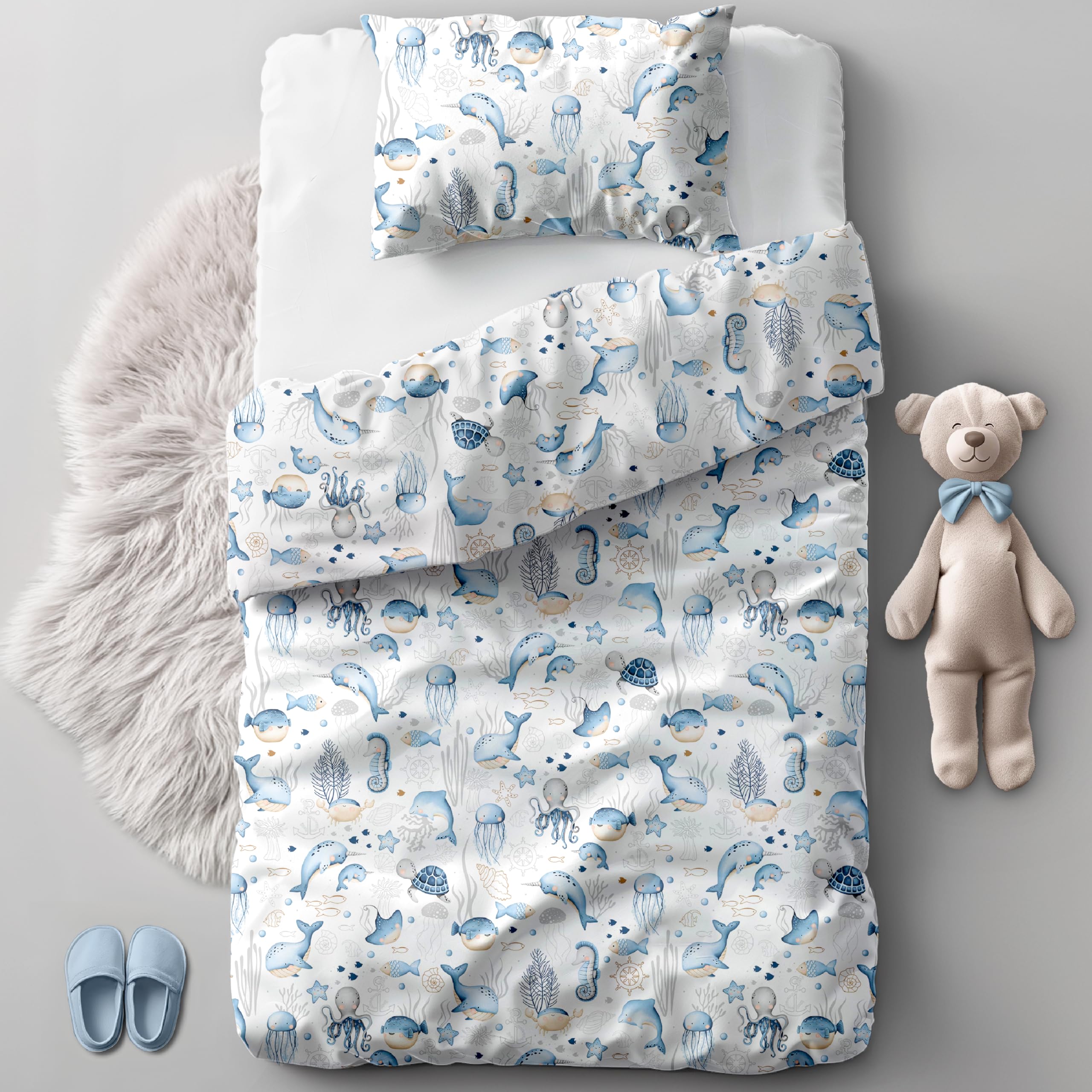 PinkZebra Biancheria per lettino: copripiumino 100 x 135 cm + federa 40 x 60 cm per ragazze e ragazzi, in 100% cotone, made in EU, animali marini