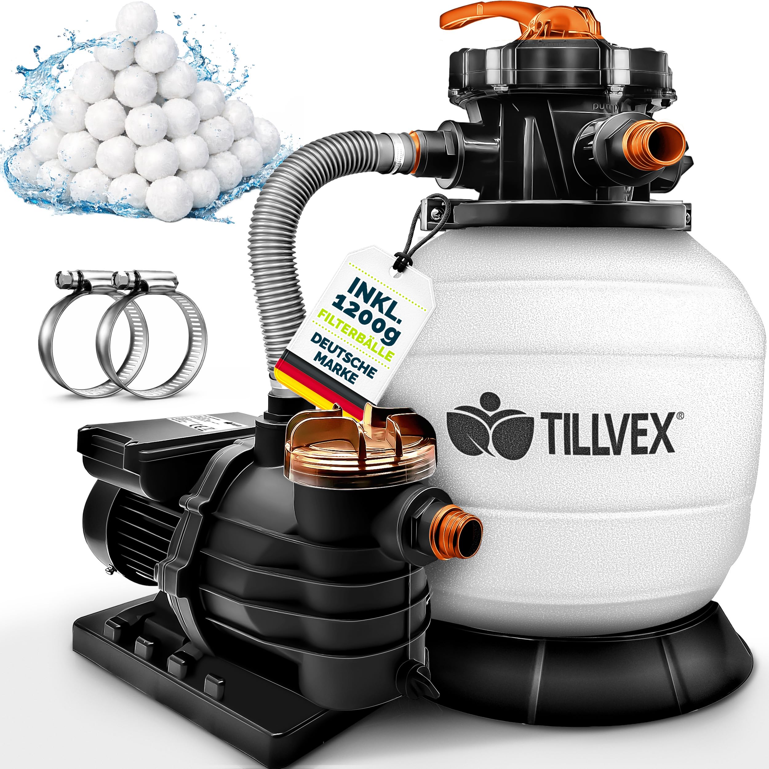 tillvex® Sandfilteranlage Pool 13.200L/h bis 40.000L + 1200g Filterbälle | Filteranlage 7-Wege Ventil & 2in1 Adapter Ø32-38mm | Poolfilter Selbstansaugend | Sandfilter Schwimmbecken (Weiß/Orange)