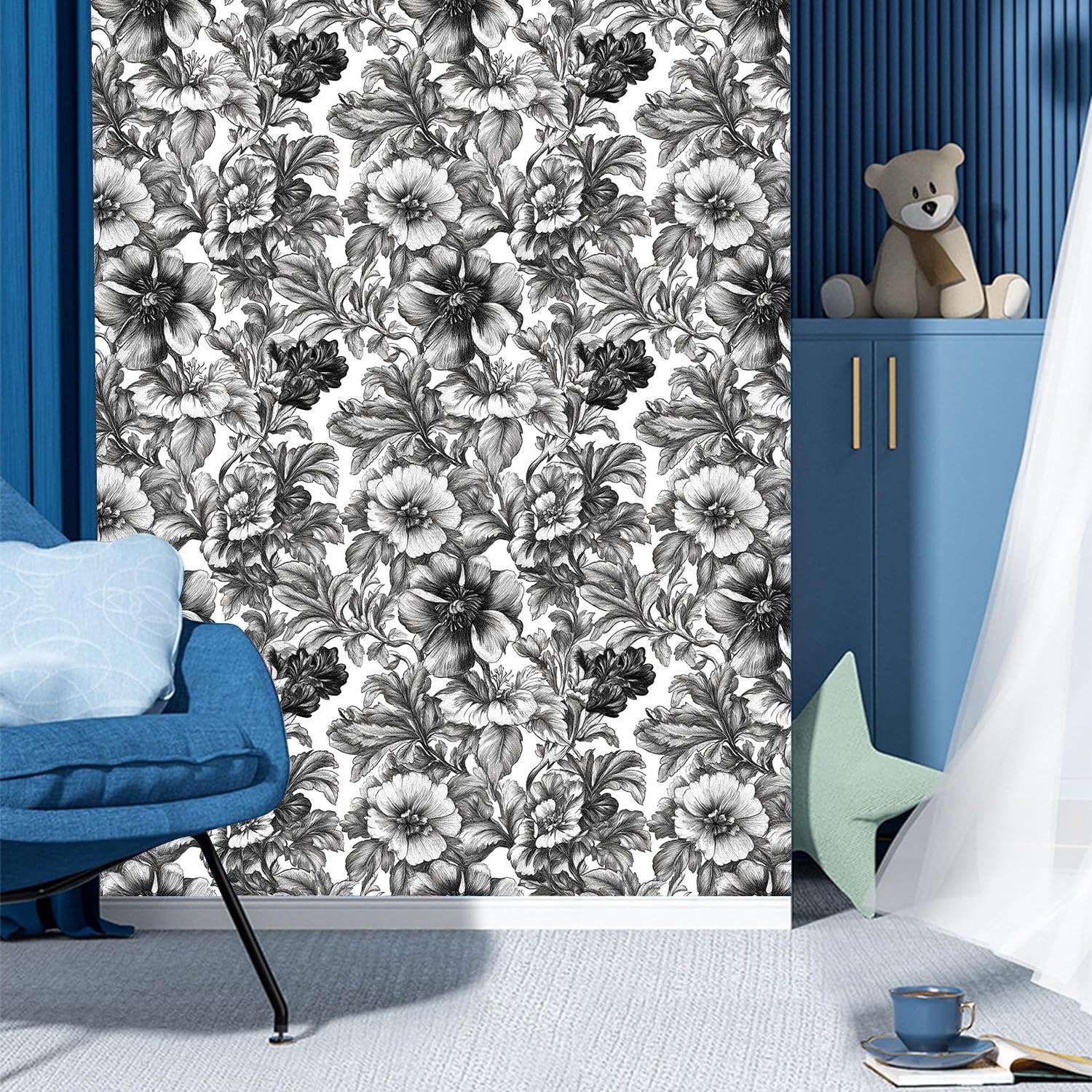 Papel pintado autoadhesivo Floral en blanco y negro Papel tapiz adhesivo Flor retro Plástico adhesivo impermeable para la parte posterior de la sala de estar el dormitorio los muebles el vinilo para