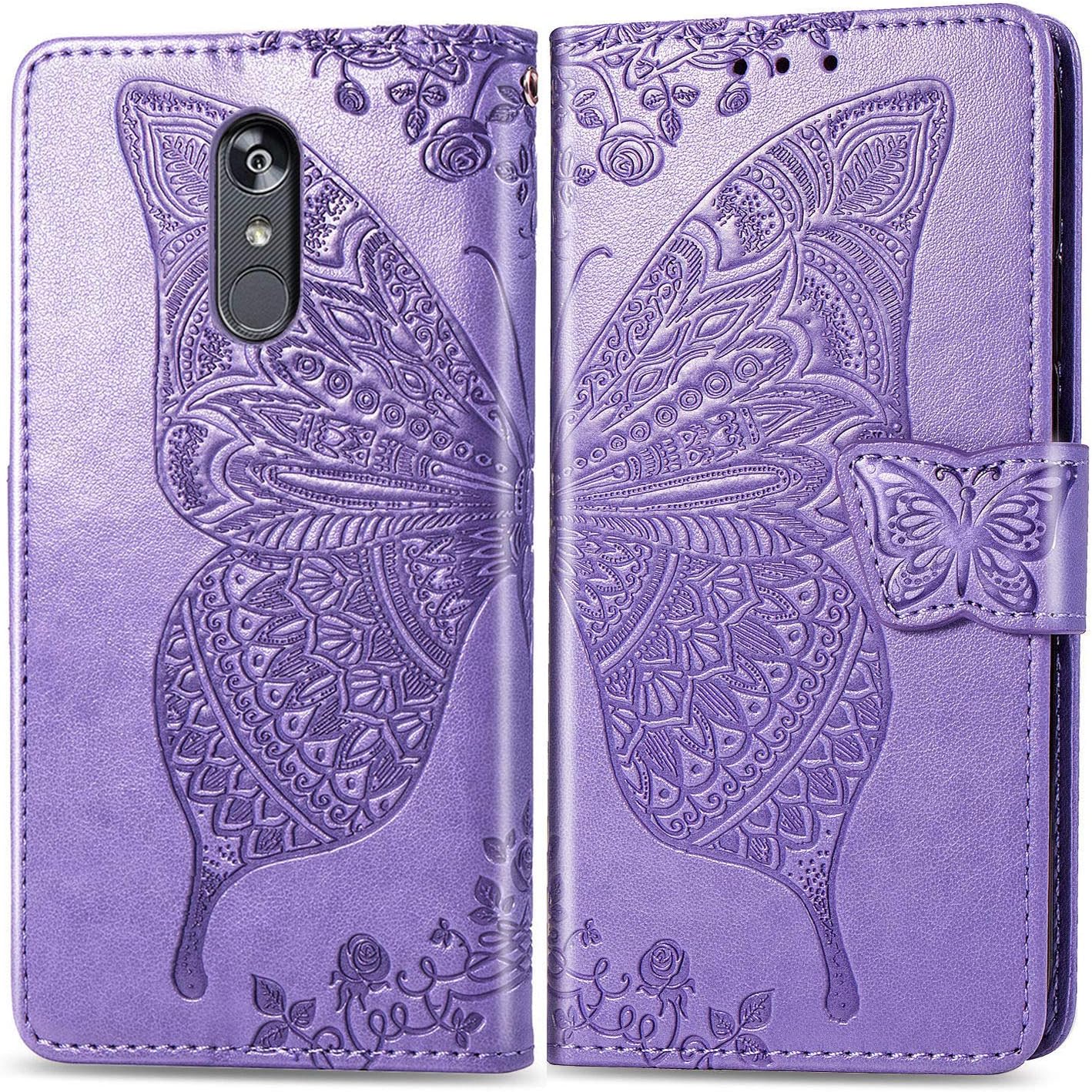 CMEKA Emboss 3D Butterfly Flower Wallet Case for LG Stylo 5 Slim Flip Leather Protective Case[Magnetic Closure][Credit Card Slots Holder][Kickstand Function] Purple
