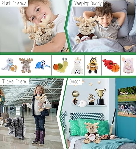 Miniatura 4 de DolliBu Alce sentado con suéter marrón con capucha de peluche de béisbol – Alce suave, adorable juguete de peluche para jugar en el tiempo de juego,