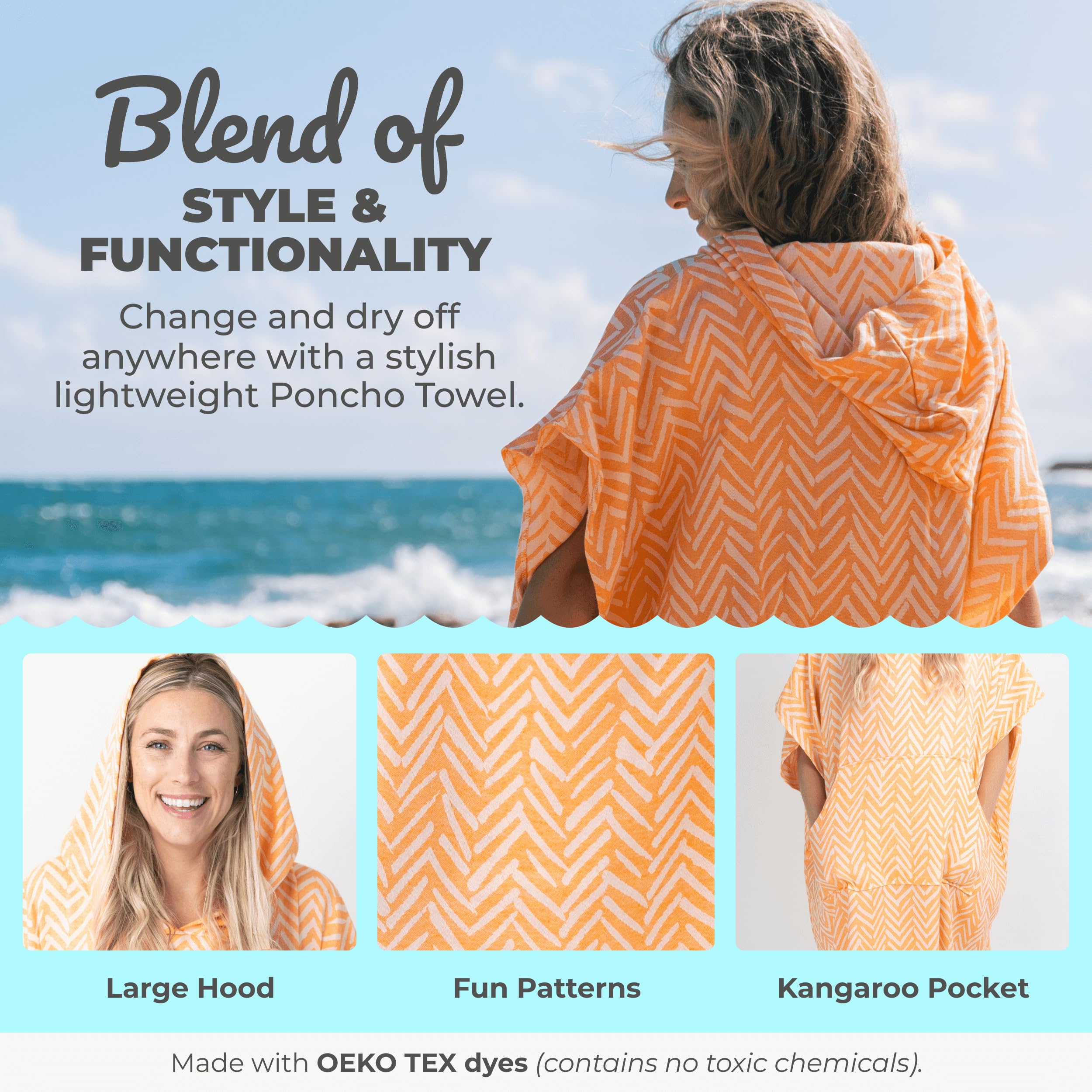 Nova Blue Wickelponcho – Orange Azteken-Handtuch – großes Kapuzenhandtuch für Erwachsene (33 x 37) – 100% türkische Baumwolle, super saugfähig, Poolabdeckung für Strand und Pool