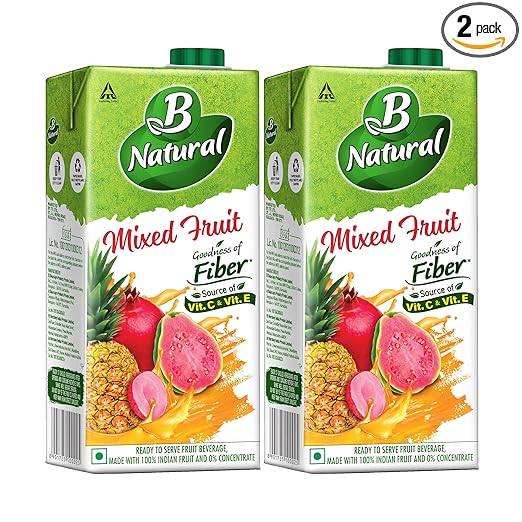 B Natural Mixed Fruit, Goodness of fiber, Rich in Vitamin C & E, Made with 100% Indian Fruit and 0% Concentrate, 1 litre (Pack of 2)