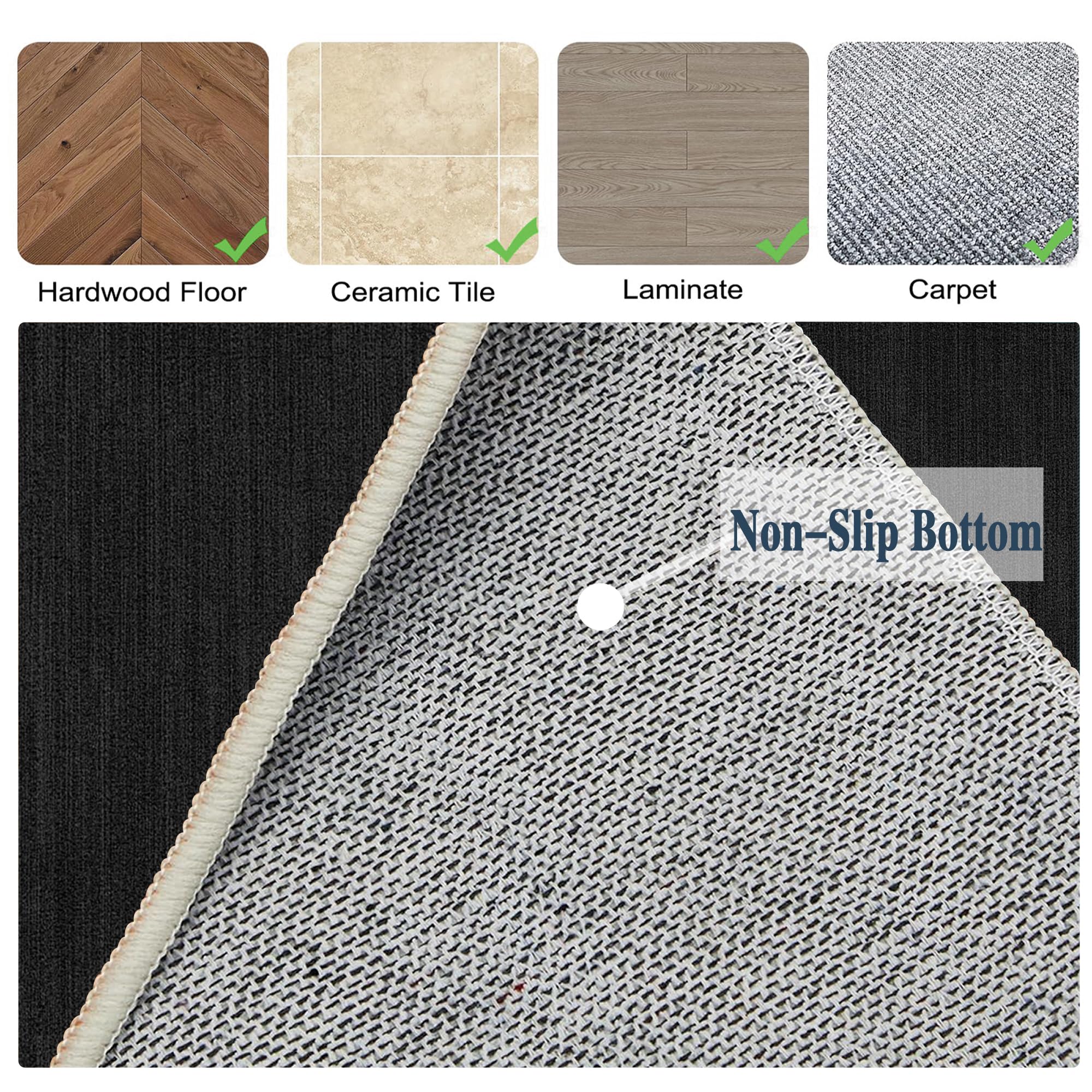 Slish - Alfombra negra de 160 x 200 cm, antideslizante, para dormitorio y sala de estar, versátil para comedor, salón y mesita de noche