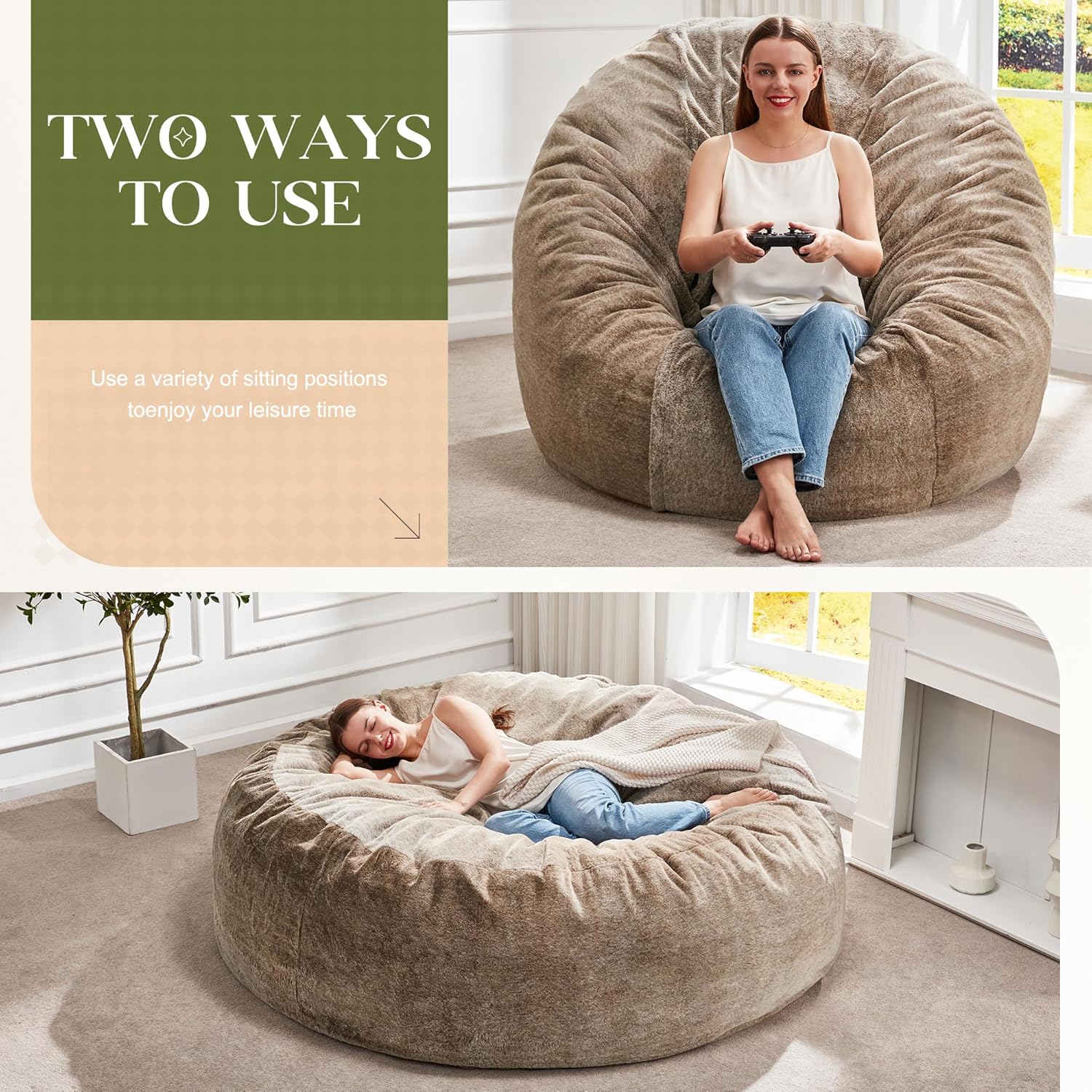 Hobestluk Bean Bag Chairs Giant Beanbag Chair with Filler, Memory Foam Bean Bags with Fluffy & Machine Washable Cover, Bean Bag Chairs for Aduts for Living Room, Bedroom (BROWN, 5FT - 50” x 50” x 24”) - Image 3