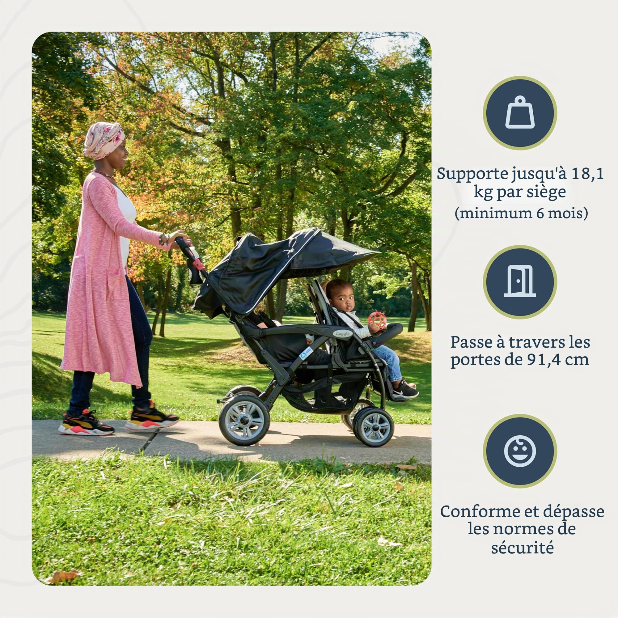 Gaggle Poussette Compass Quad 4 places, poussette 4 places pour garderie, pare-soleil anti-UV, harnais 5 points, bleu sarcelle