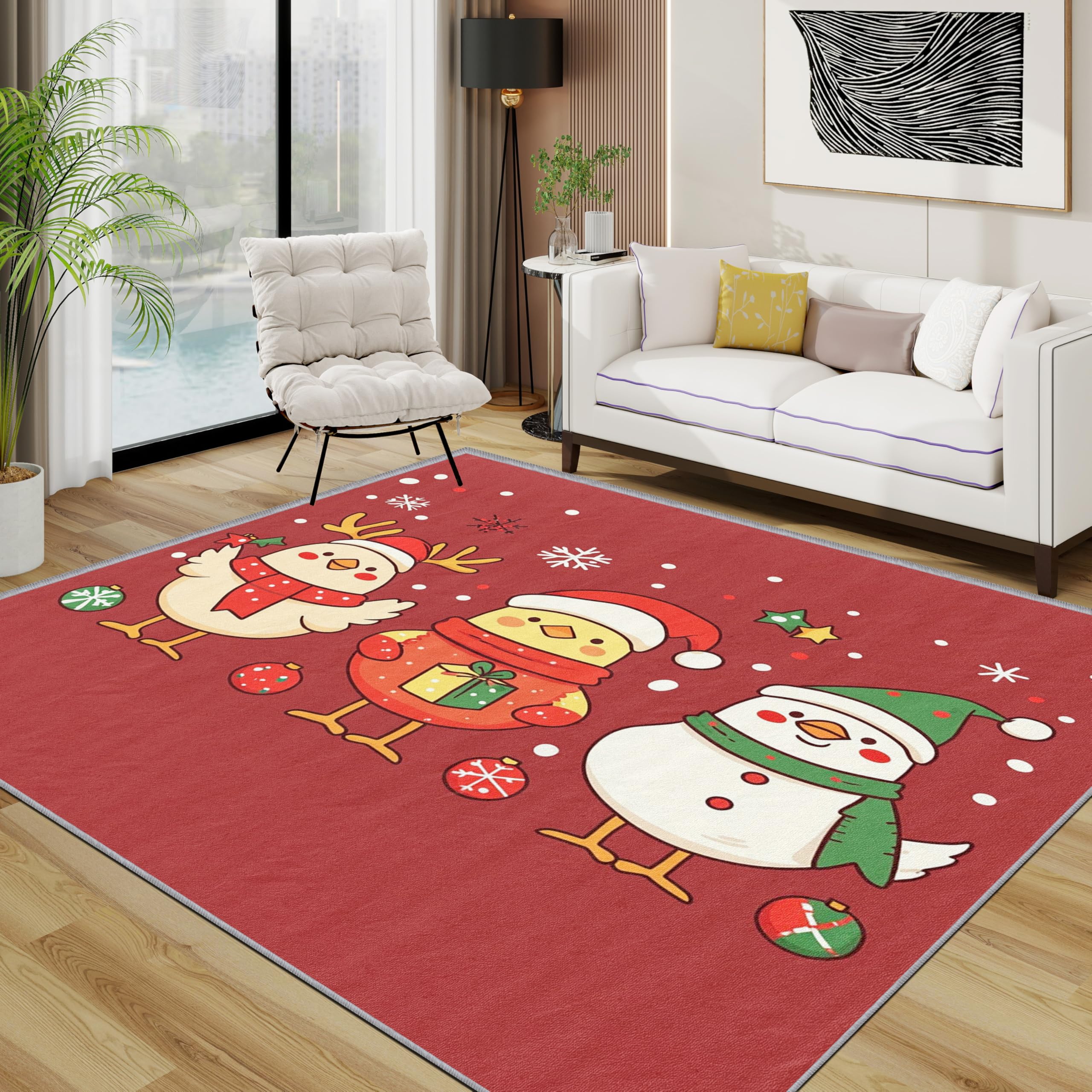 TerroVee Christmas Area Rugs for Living Room 80x150 - Cute Cartoon Xmas Animal Rug for Bedroom, Kids Red Holiday Non Slip Washable Short Pile Carpet, Christmas Room Decor