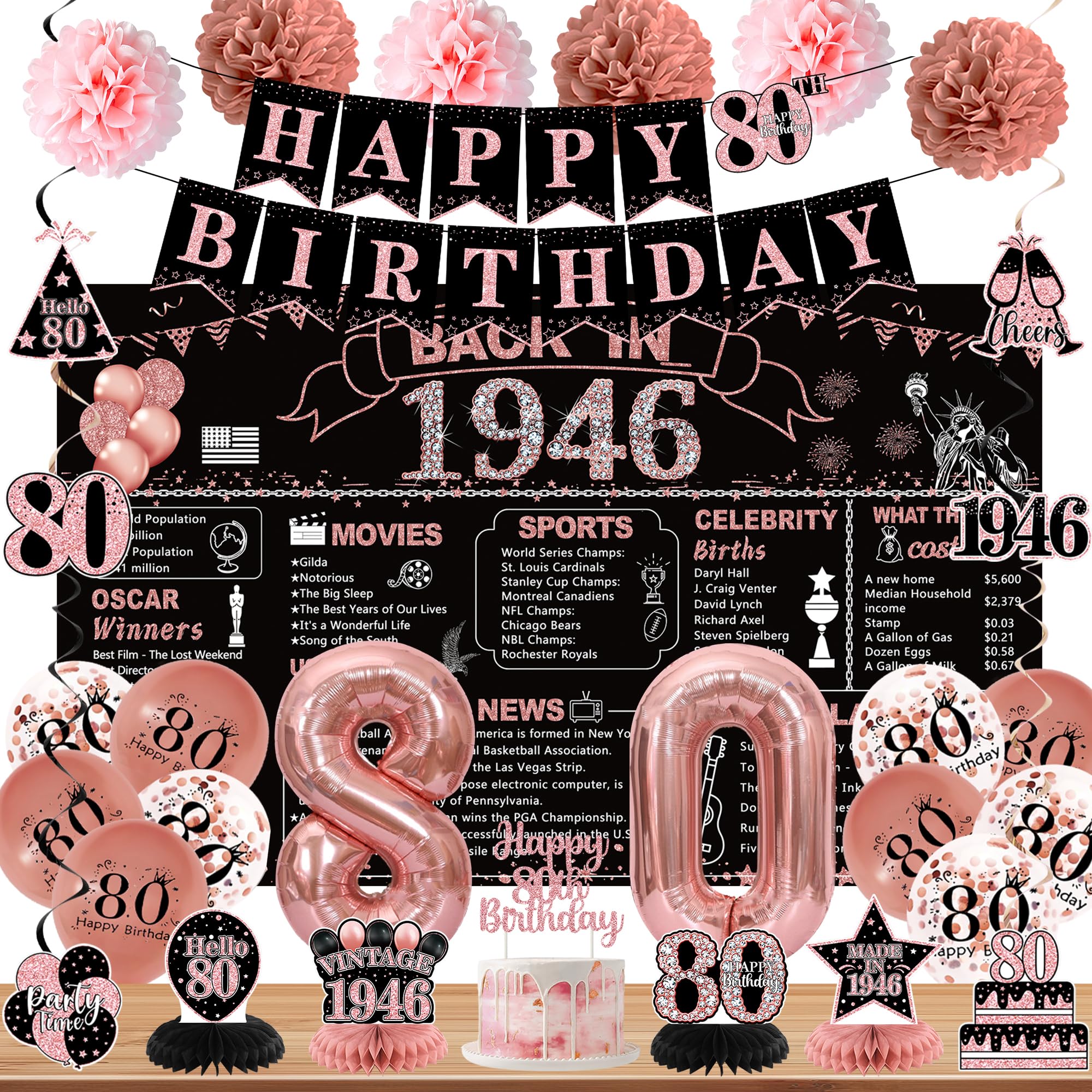 DARUNAXY 80th Birthday Party Decorations for Women, Rose Gold Back in 1946 Banner, Rose Gold 80 Number Balloons & Cake Topper, Vintage 1946 80 Birthday Honeycomb Hanging Swirl Confetti Balloons(30PC)
