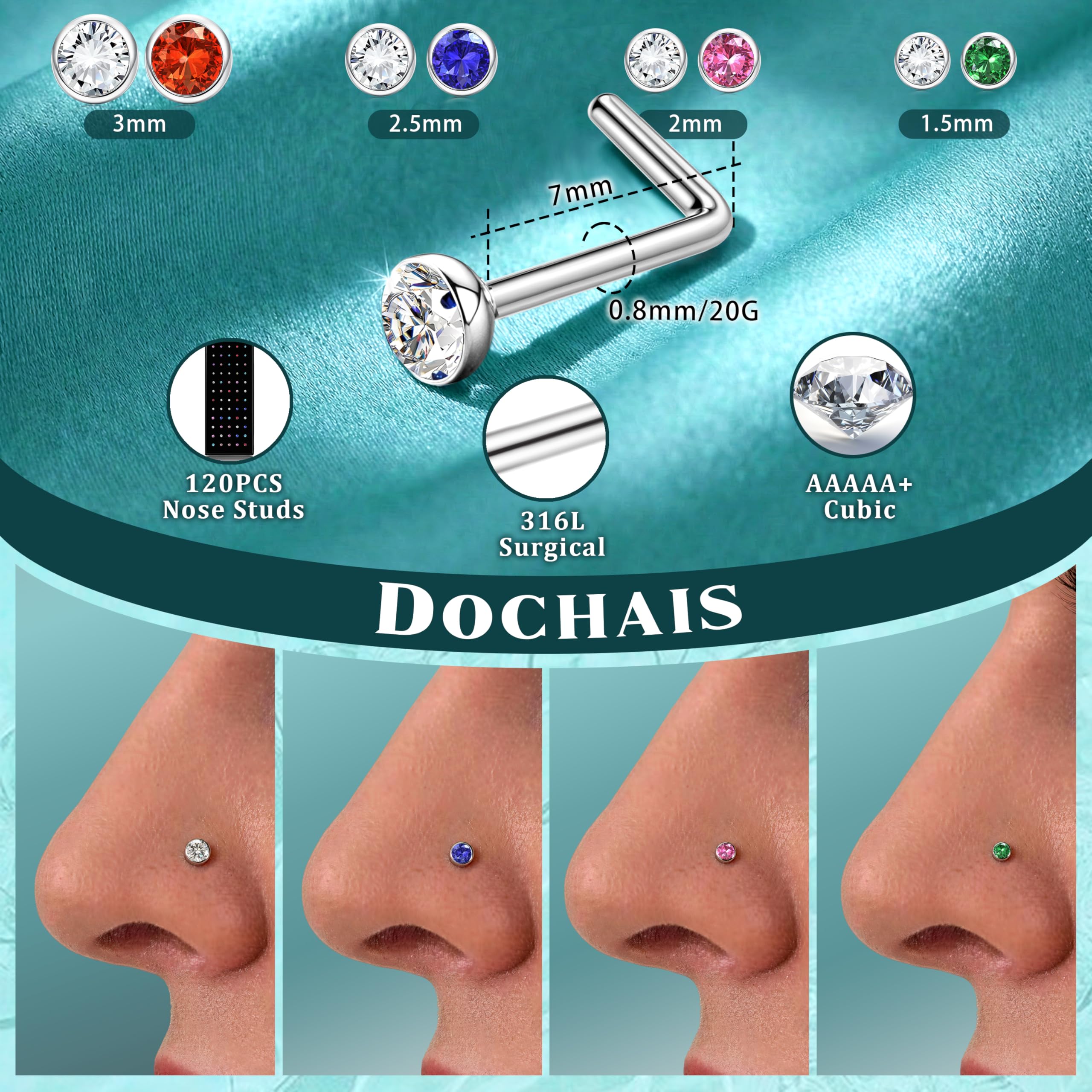 Dochais 120 Pieces Hypoallergenic Nose Studs for Women Men 316L Stainless Steel CZ Diamond Nose Piercing Jewelry Straight Shaped Studs Rings Bone Stud Screw Piercings 20G 22G 1.5mm 2mm 2.5mm 3mm — view 3