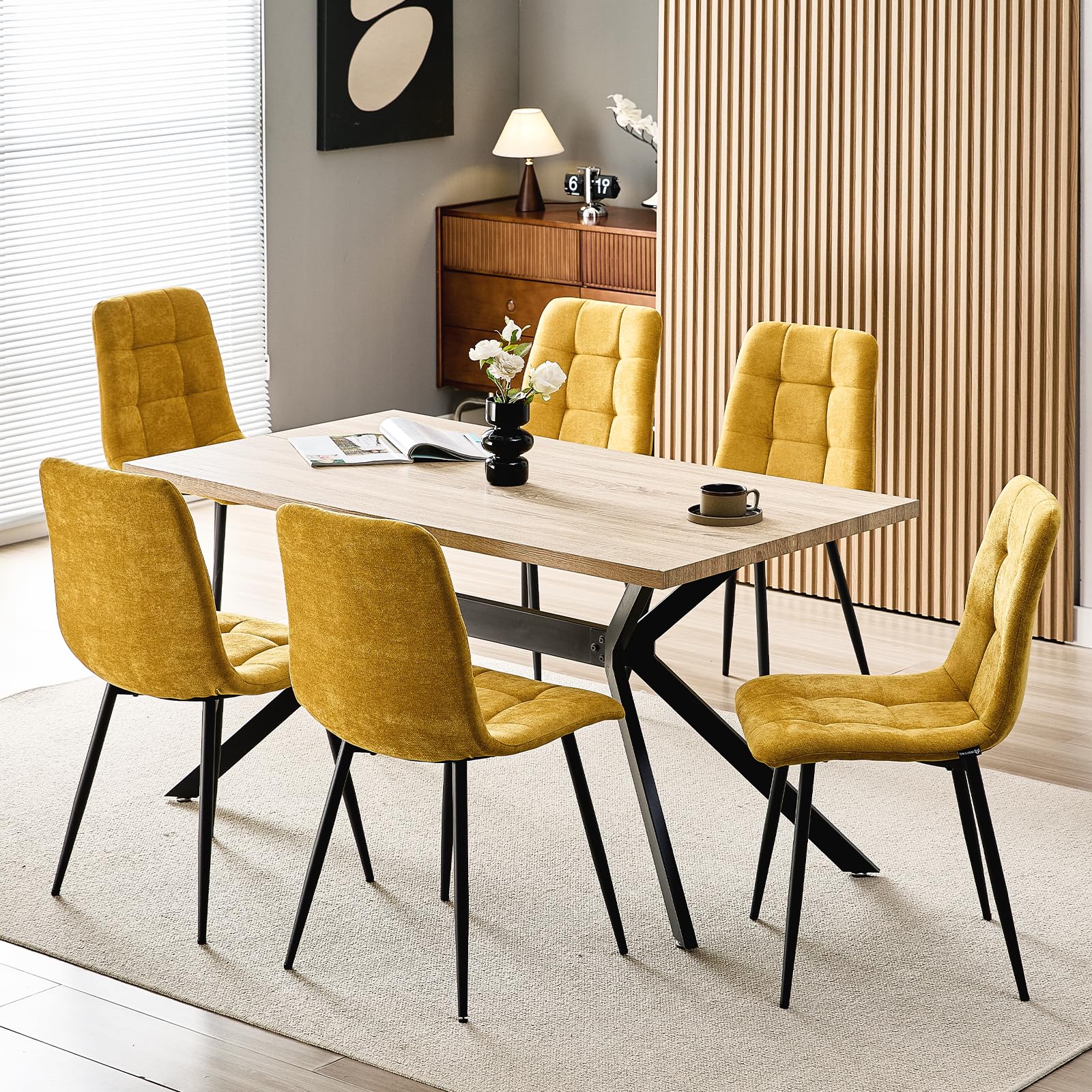 ANVOFONG Set Di 4 Sedie Da Pranzo,Sedia Da Cucina Con Piedi In Metallo Nero,Sedie Imbottite Con Tessuto Di Lino,Sedia Da Camera Da Letto Salotto Soggiorno,Giallo