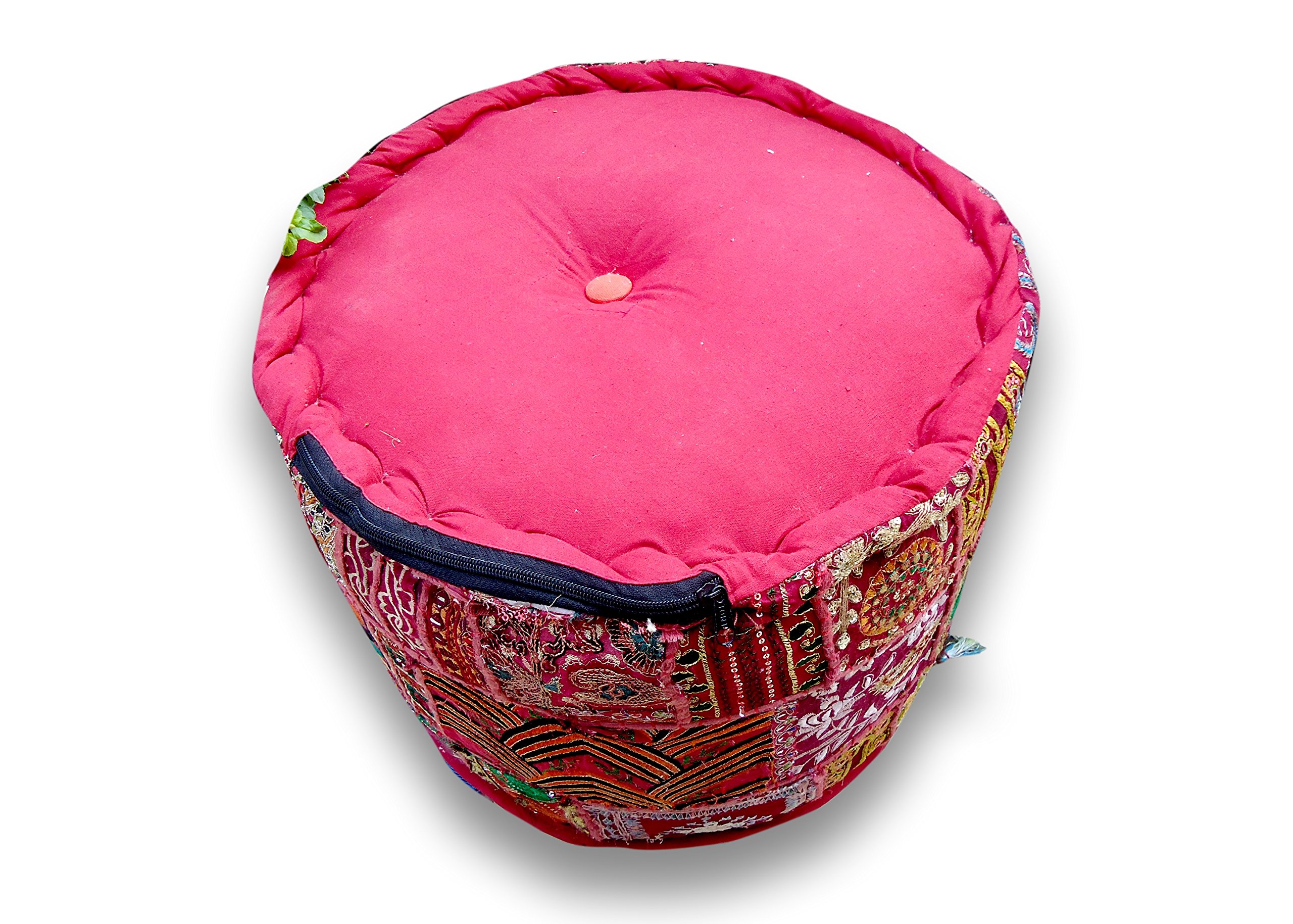 Sophia-Art Indian Embroidered Patchwork Cover Indian Decorative Pouf Indian Comfortable Floor Cotton Cushion Ottoman Pouf,Indian Designs Ethnic Patchwork Pouf (Dark Pink, 18"x13") 2