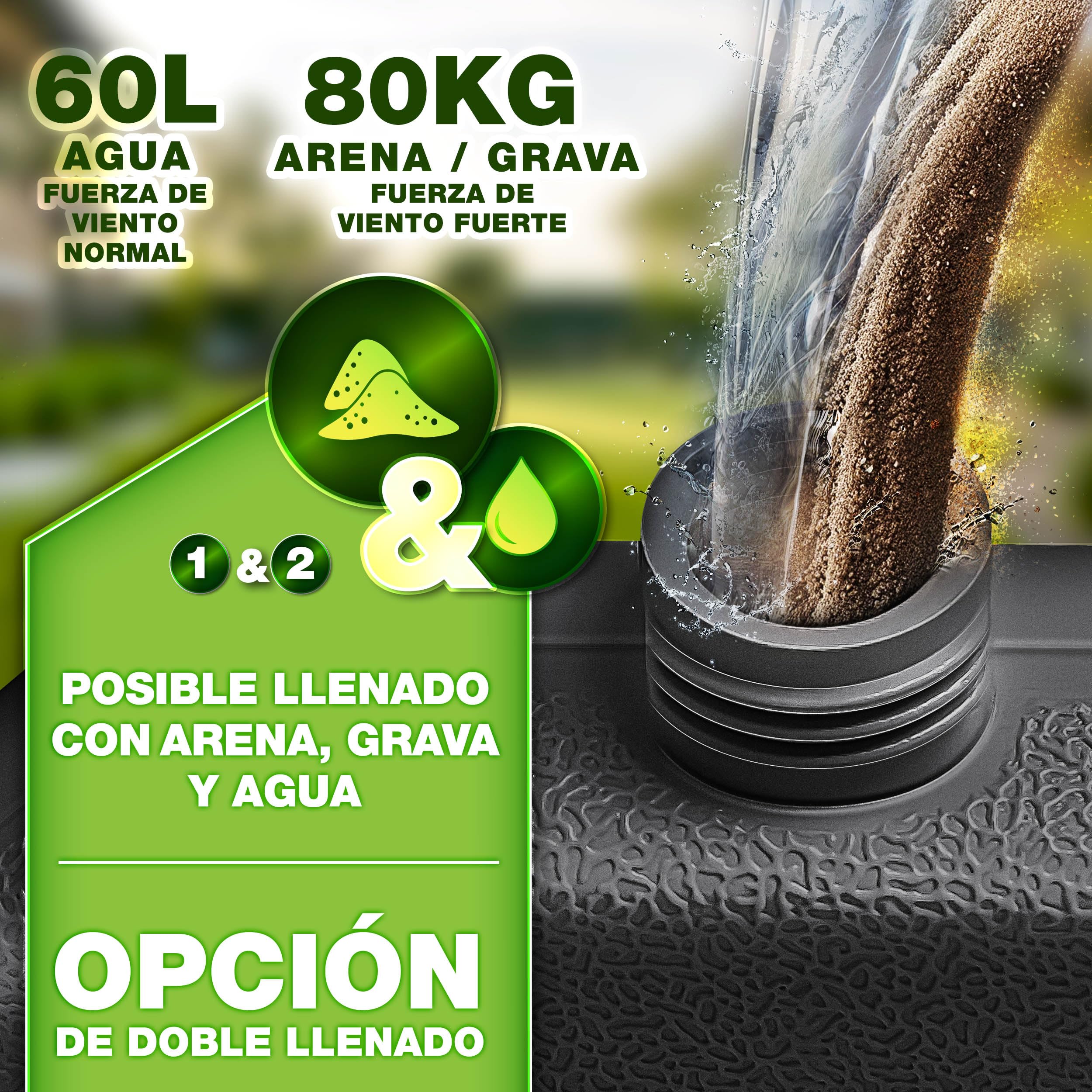 tillvex Soporte para sombrilla de 60 litros / 80 kg – 4 piezas para sombrilla de poste, incluye conectores metálicos | Peso de la sombrilla rellenable con agua o arena | Soporte para sombrilla de