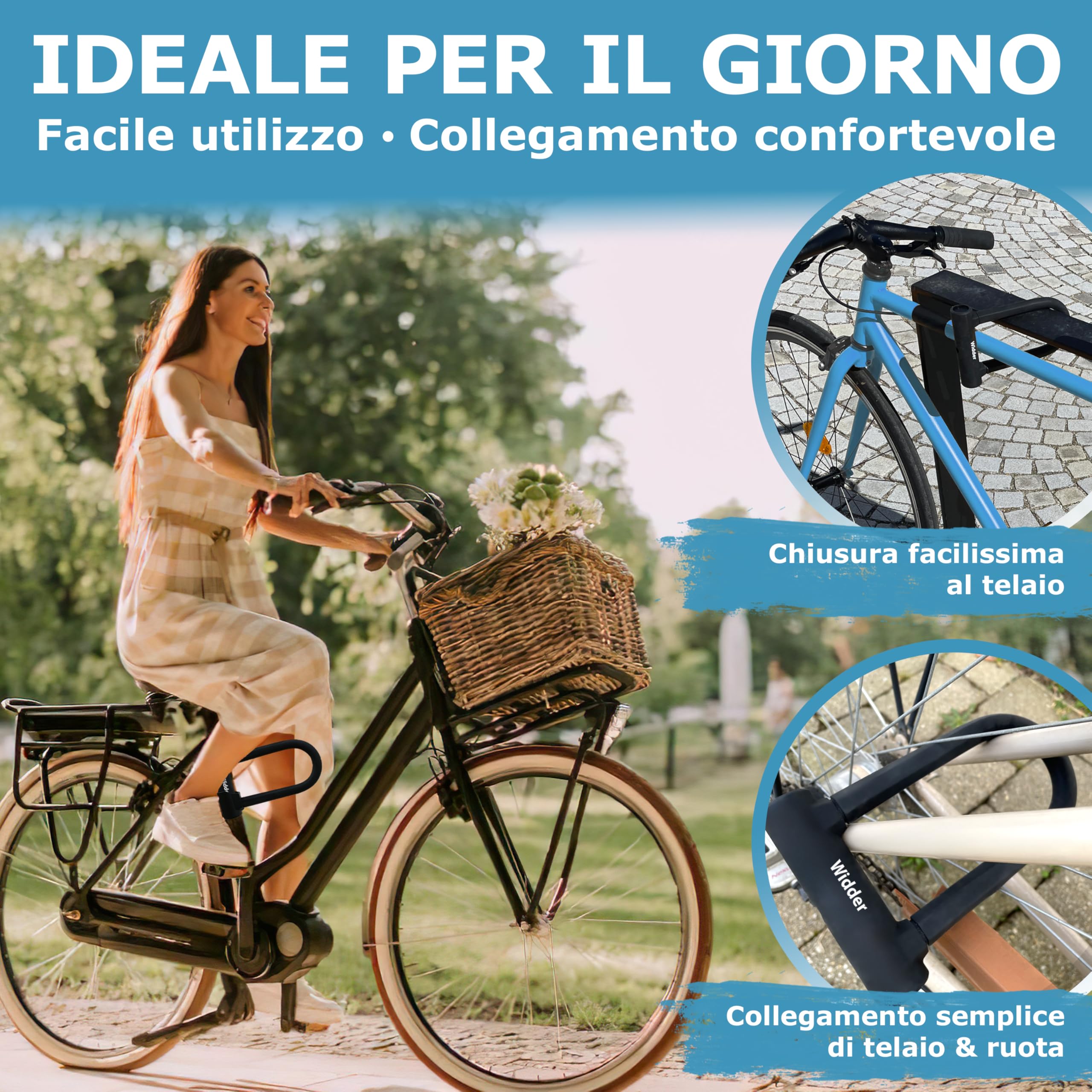 WIDDER piccolo antifurto ad arco [alta sicurezza, 800g] arco in acciaio massiccio da 14 mm – antifurto a U alta sicurezza – supporto & 3 chiavi, lucchetto ad archi e‑bike, e‑scooter, bici da corsa