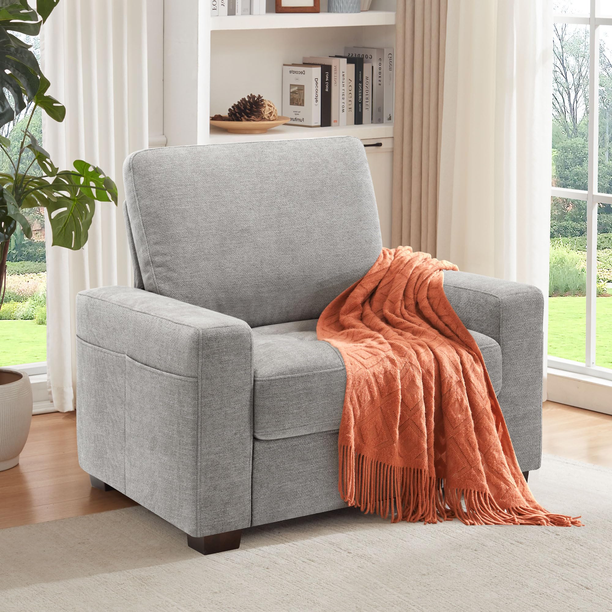 Ihanherry 39 Inch Sofa Single with Side Pocket, Comfy Modern 1-Seat Sofa for Living Room & Bedroom, Removable Medium Firm Sofa Cushion, Breathable Chenille Fabric, Grey