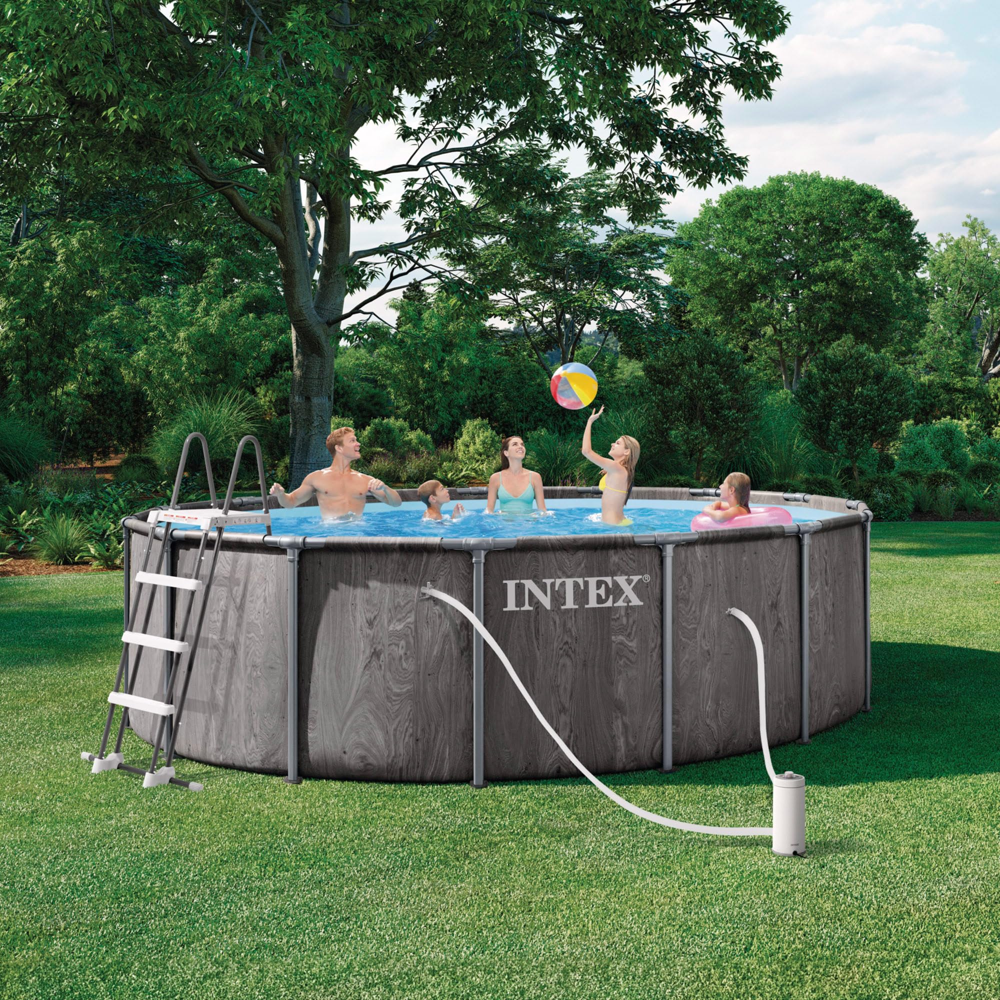 Intex 26742ND 4.57m x1.22m Greywood Prism Frame Premium Pool Set (Includes Filter Pump, Safety Ladder, Ground Cloth, Pool Cover)