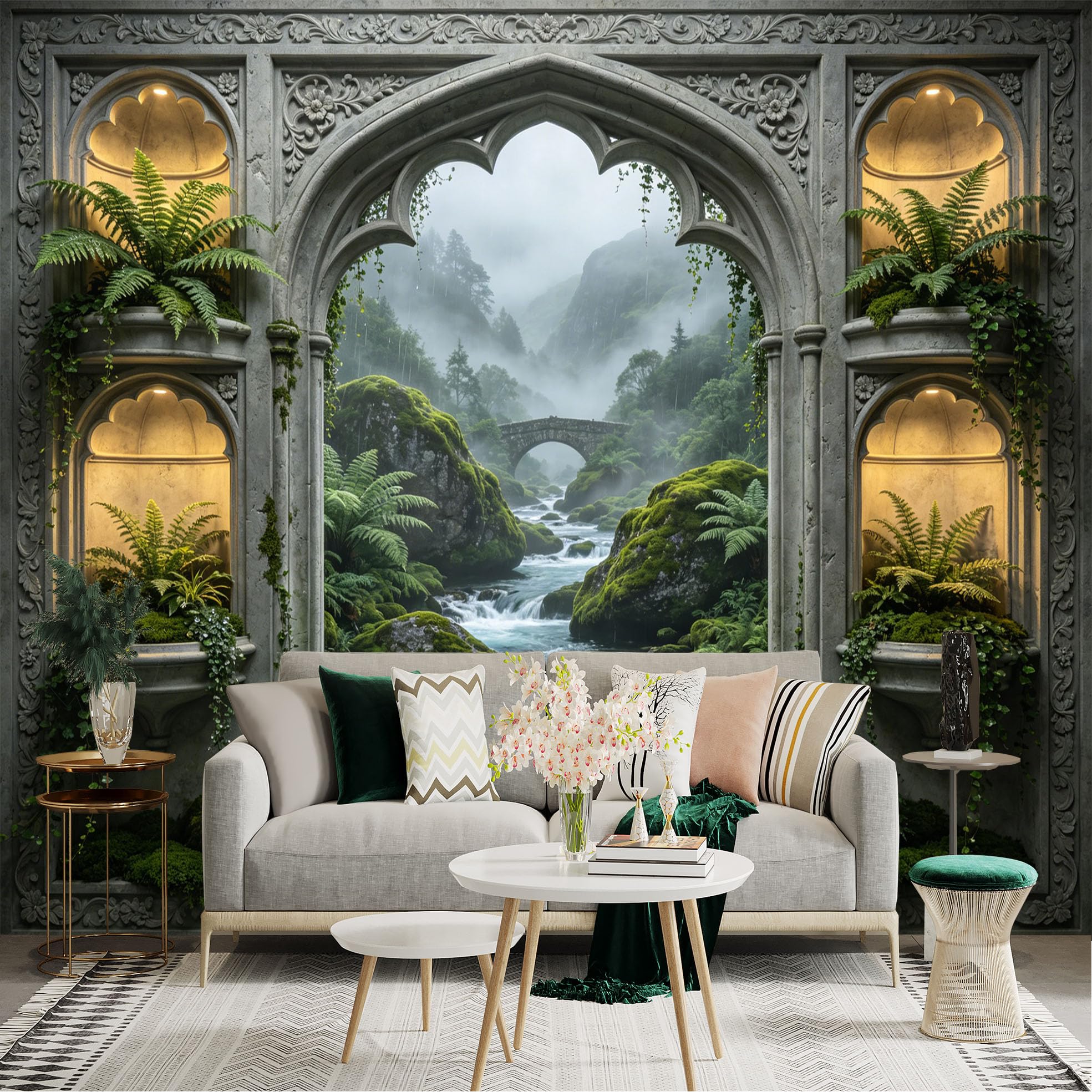 Lnzczhyre Dbh260521623 Custom Size Wall Sticker Mural， Stone Archway Window， Lush Mossy River Landscape， Misty Forest Scenery， Elegant Botanical Niche， For Wall Decoration， Peelandstick Wall Decals.