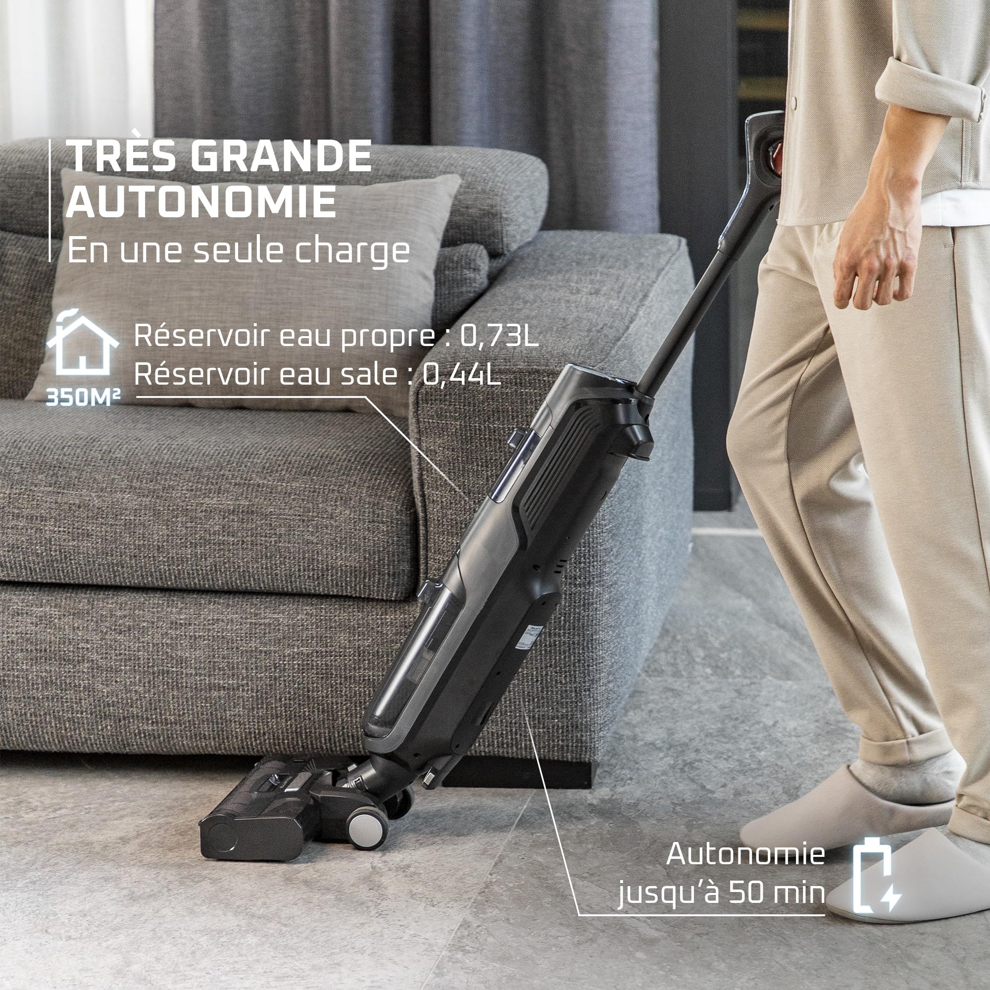 Rowenta X-Clean 4 Aspirateur Balai Laveur sans Fil, Aspiration et Lavage Puissant, Intelligent, Autonomie 50min, Autonettoyage GZ5036WO, Gris