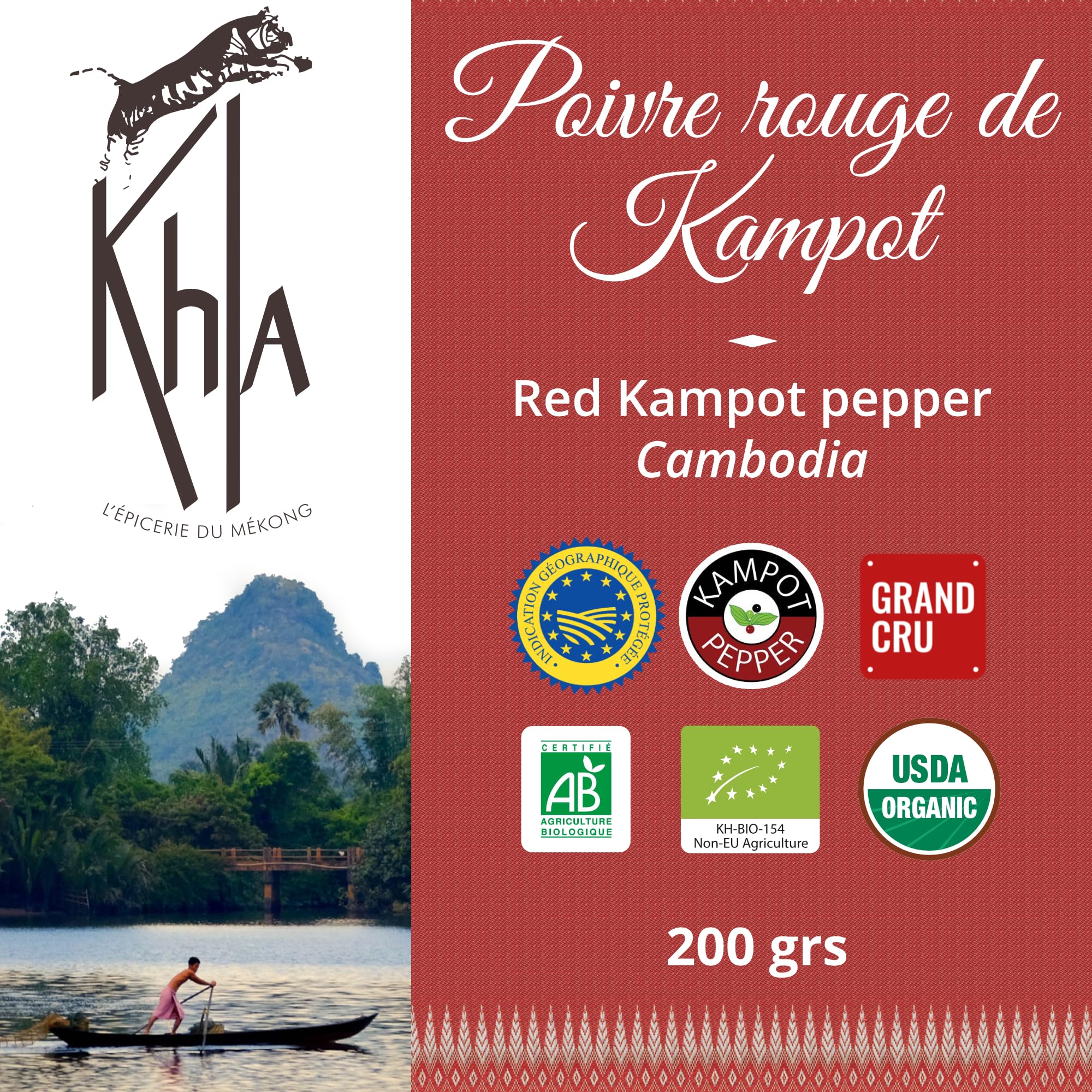 Khla - Poivre Rouge de Kampot Certifié Bio 200 g - Sachet Poivre en Grains Biologique - Grand Cru, Doux & Fruité - Ingrédient Cuisine - Direct Producteur - Épice Asie - Origine Cambodge