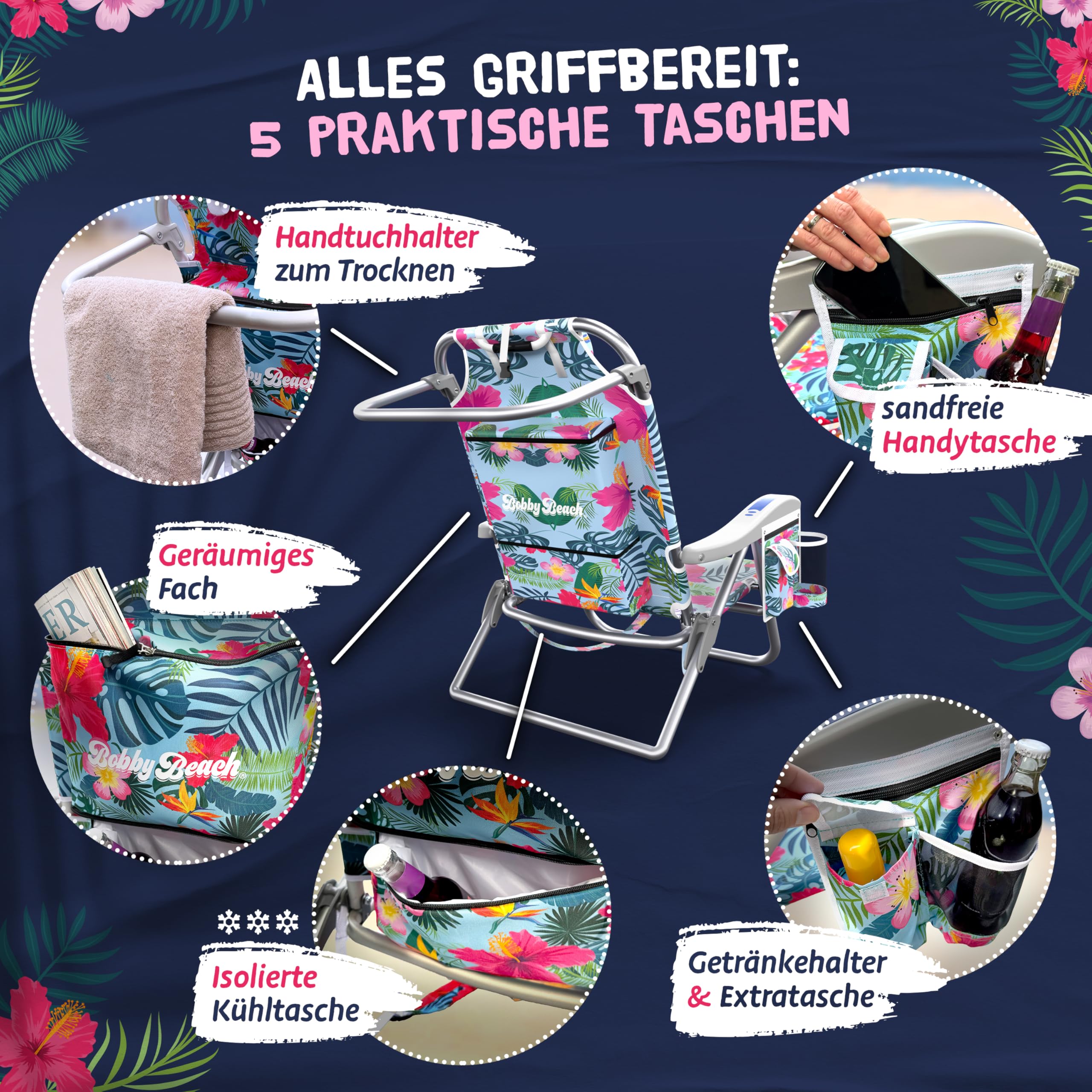 Bobby Beach Strandstuhl | Klappstuhl & Strandliege klappbar leicht als Rucksack zu tragen | Campingstuhl faltbar mit Getränkehalter & Taschen | Liege & Liegestuhl klappbar (Strandstuhl, Aqua Blue)