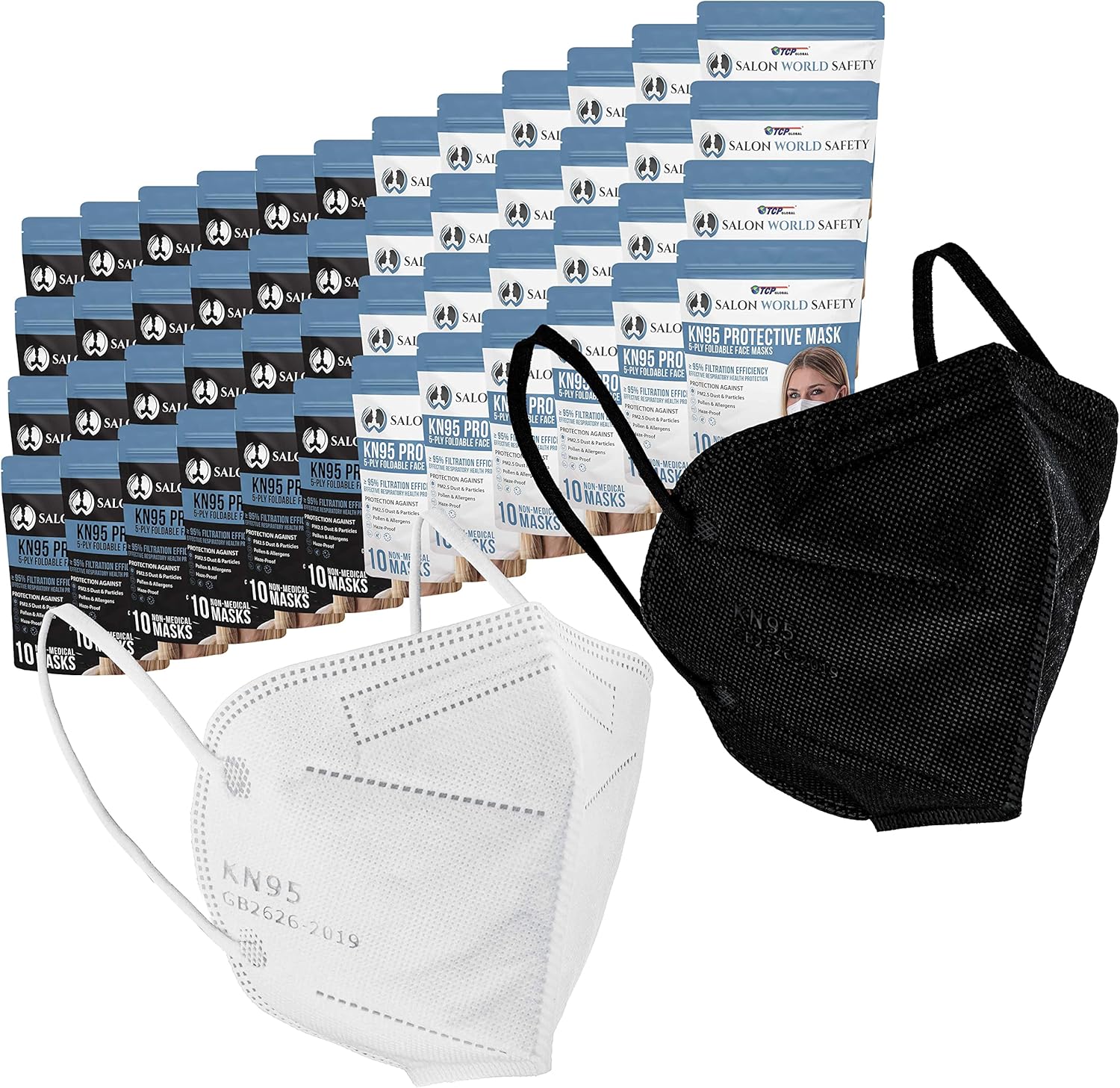 Salon World Safety KN95 Protective Masks, Box of 50 - Filter Efficiency ≥95%, 5-Layers, Sanitary 5-Ply Non-Woven Fabric, Safe, Easy Breathing Wear - - 