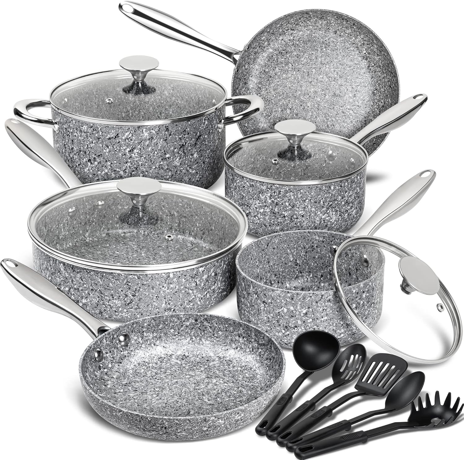 MICHELANGELO Pots and Pans Set 15 Piece, Ultra Nonstick Kitchen Stone-Derived Coating Cookware Set with Utensil Set Grey 15 Piece