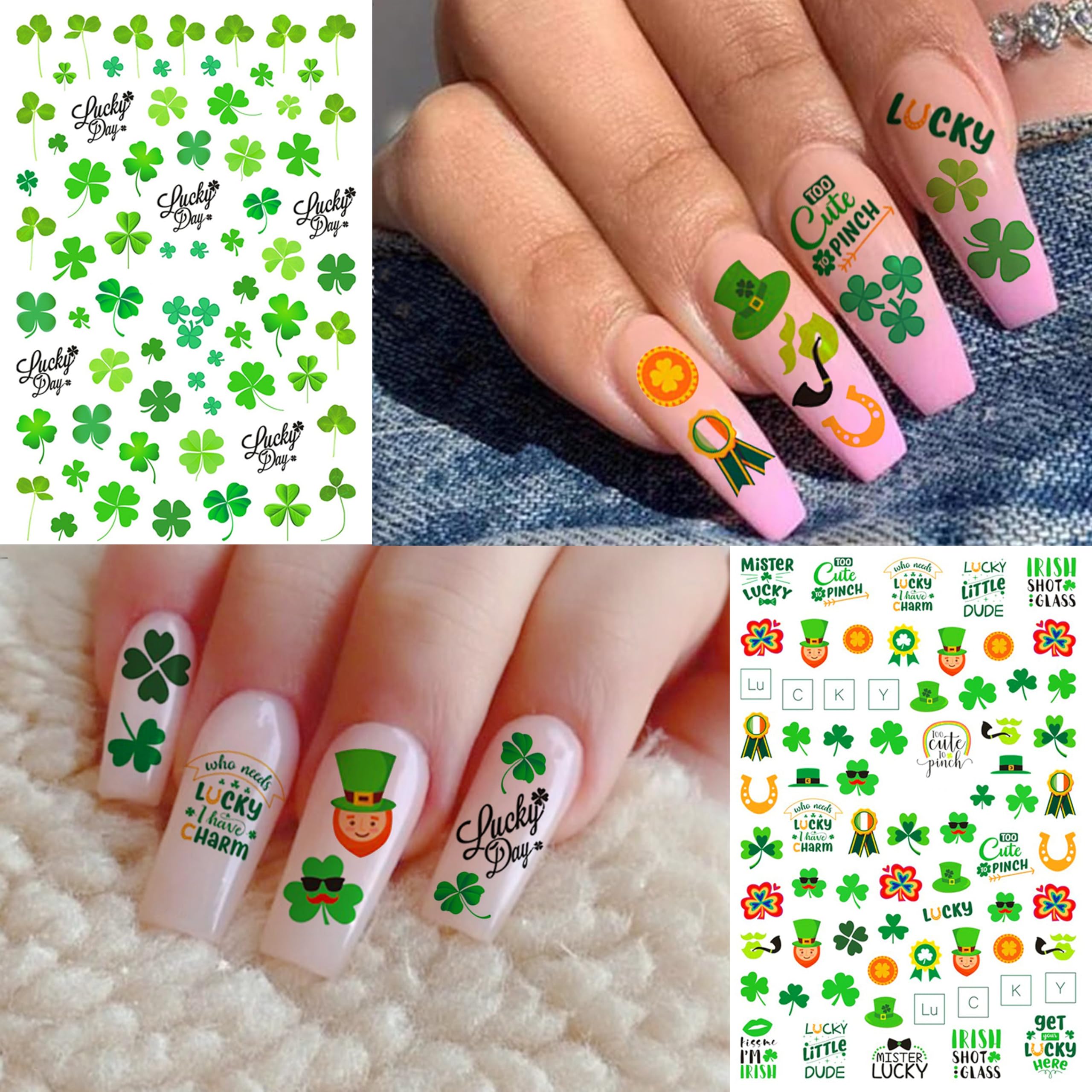 COKTAK 6 Sheets St. Patrick's Day Nail Stickers Nail Decals for Women Girls Manicure, Green Shamrock Clover Self-Adhesive Nail Art Decals, Saint Patrick's Day Nail Art Stickers Party Favor Decoration