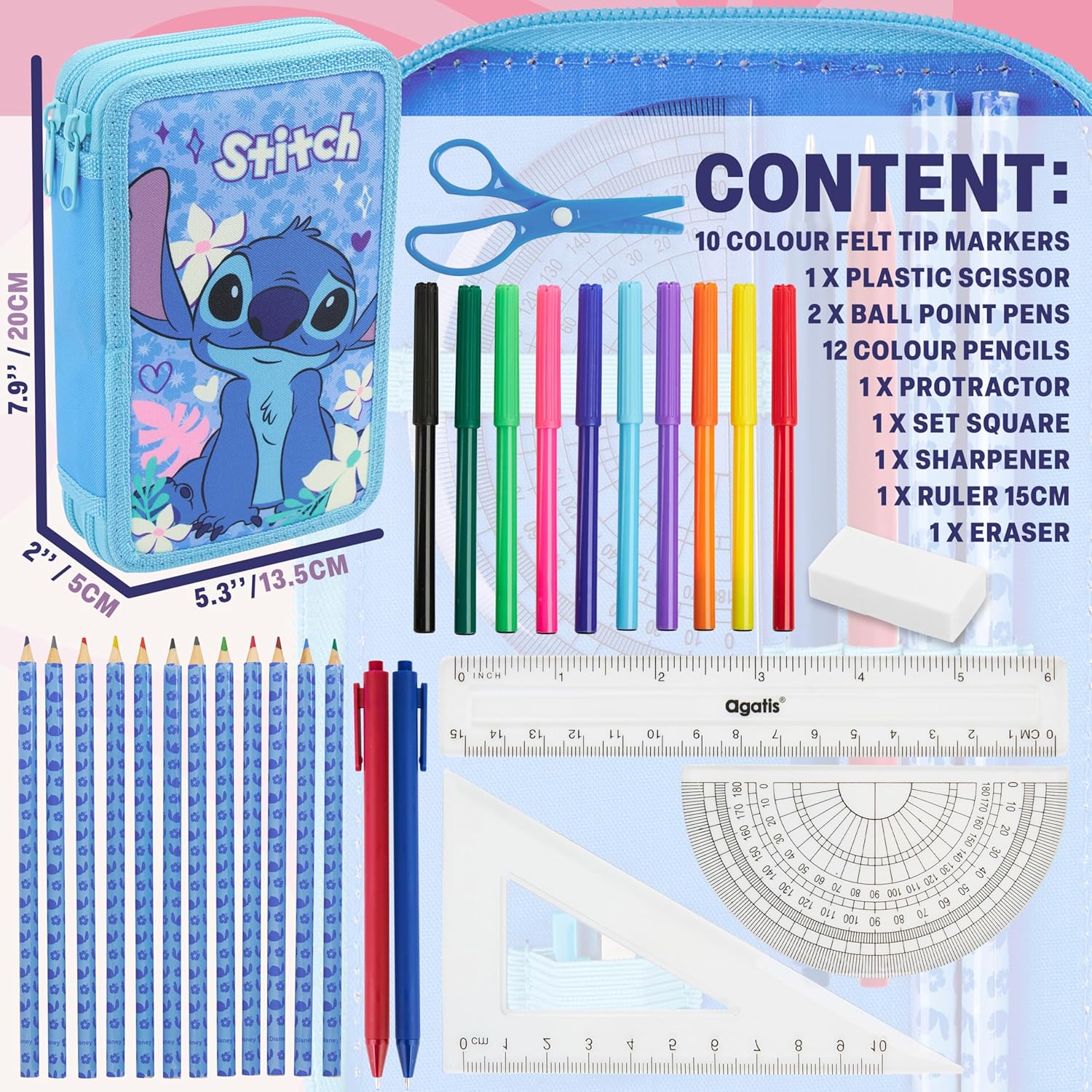 Disney Stitch Pencil Case for Girls Kids Tweens Colored Pencils Markers Pen Eraser Ruler Frozen School Supplies Stationary Gifts for Girls (Blue Stitch 2 Compartment)