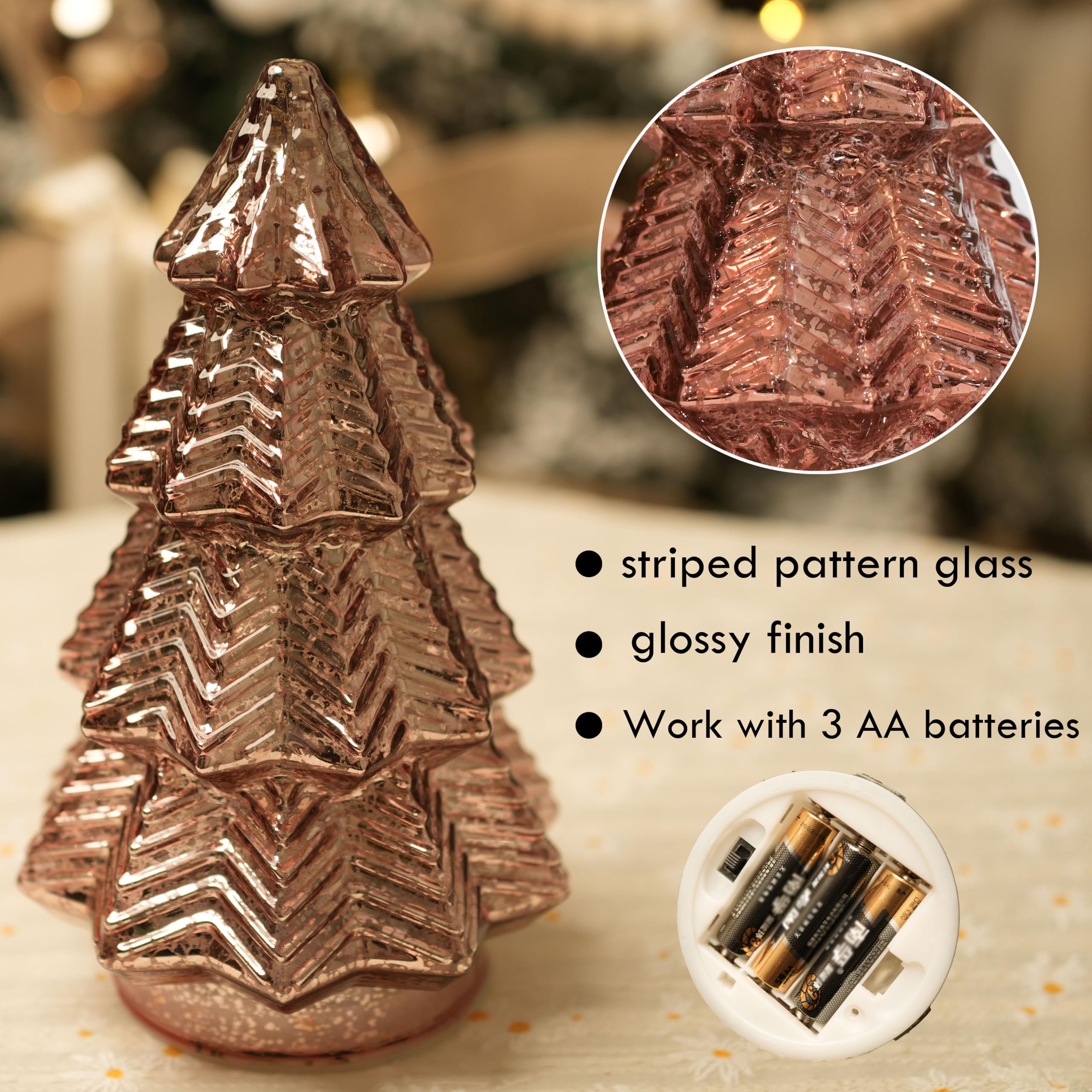 hvfun RoseGold - Albero di Natale in vetro mercurio con luce colorata dinamica, decorazioni da tavola illuminate con timer, per soggiorno, caminetto, tavolo, feste, altezza 20,3 cm