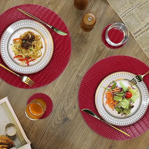 Miniatura 9 de Juego de 6 manteles individuales redondos de cuero para mesas redondas, manteles individuales y posavasos marrones, lavables, fáciles de cuidar para