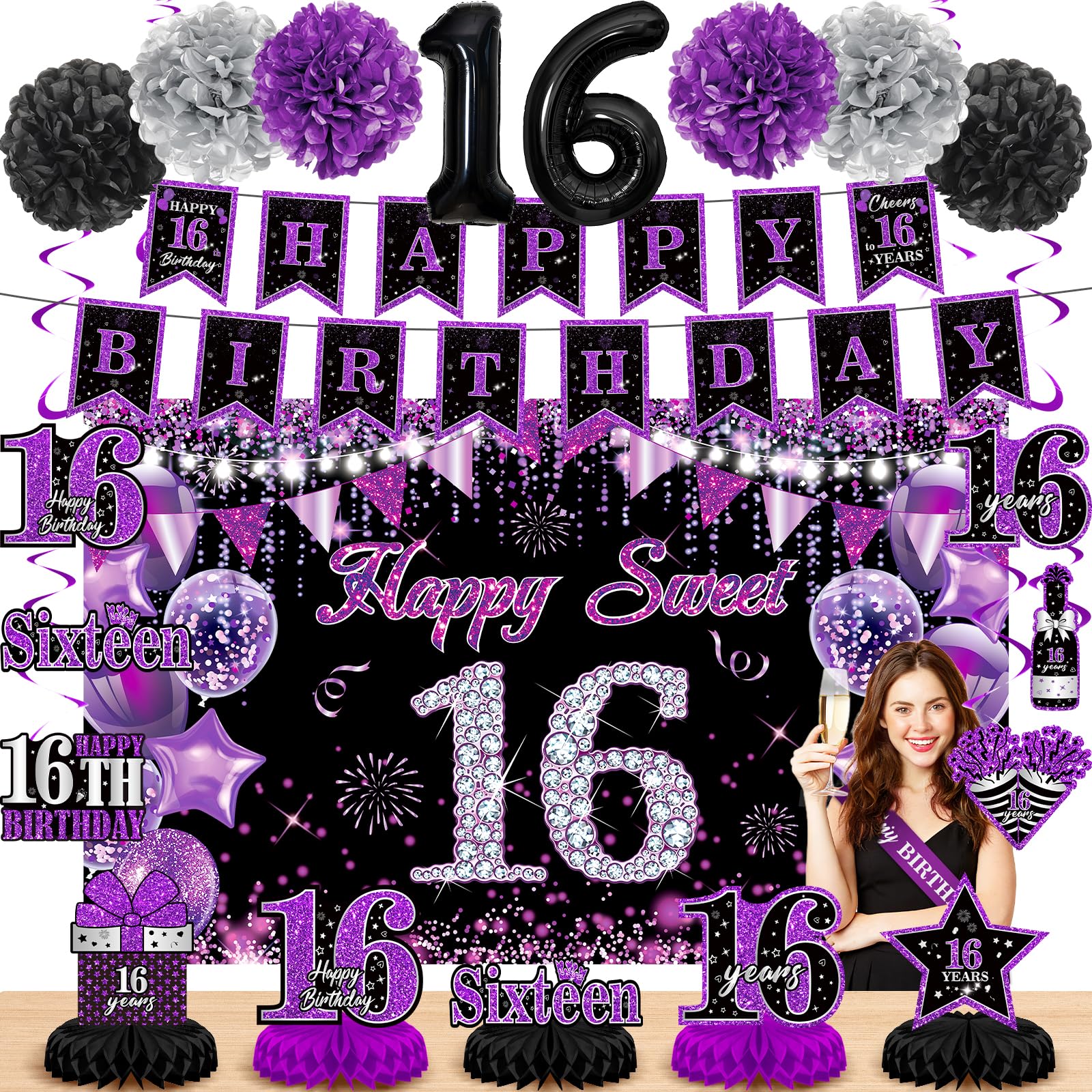 Innovoscape Purple 16th Birthday Decorations Kit