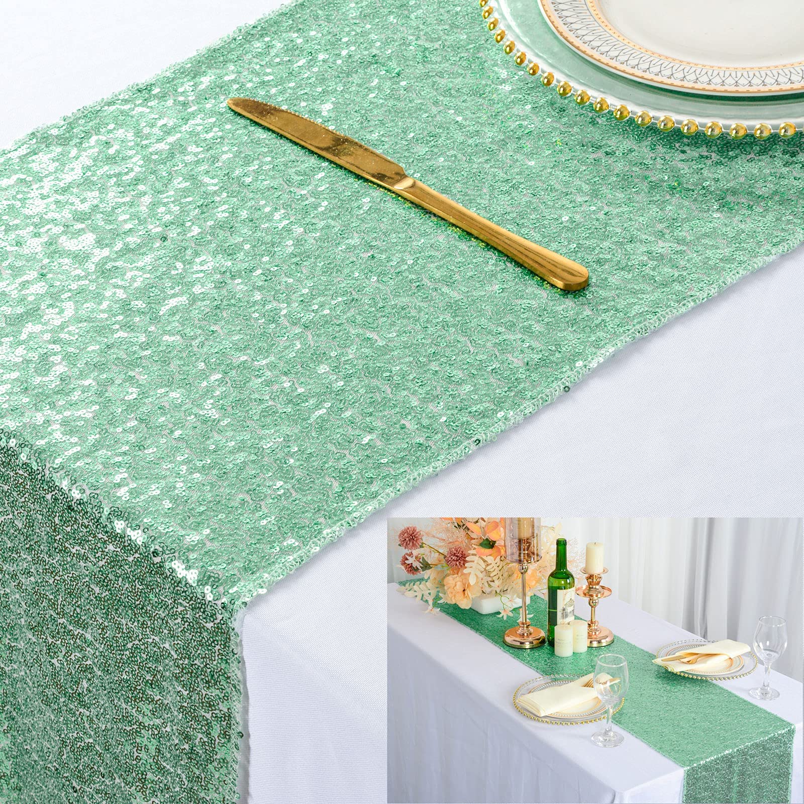 ShinyBeauty 13in X 108in Sequin Table Runners Mint Green Table Runner for Party Glitter Sequin