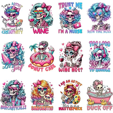 12pcs Skeleton Sarcastic Skull Iron on Decals Heat Transfer Vinyl Sticker Patches Washable Thermal Transfer Appliques DIY Craft Decor for T-Shirt Clothes Pillow Cover