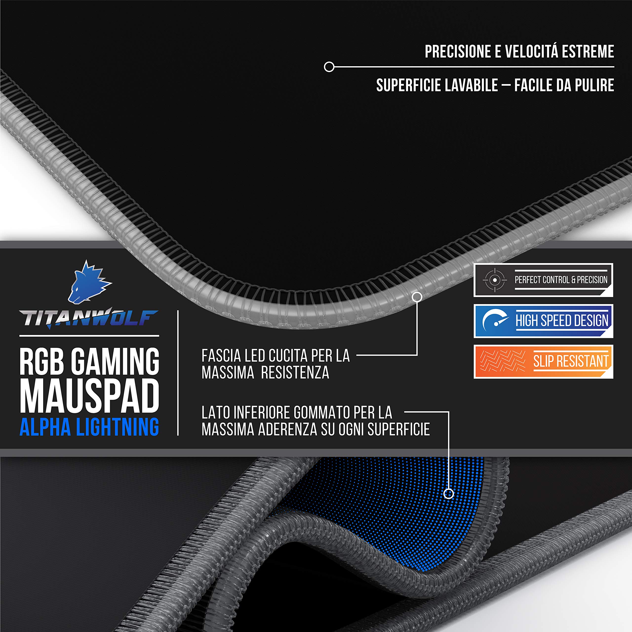 TITANWOLF - RGB Tappetino per Mouse da Gioco XXL - 800x300mm - 11 LED Colori e Effetti di Luce - Precisione e velocità - Lato Inferiore gommato - Lavabile