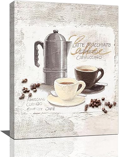 Arte de pared de café en grano de café, taza de café, cuadros para decoración de pared, pintura rústica, cocina, café, lienzo, impresiones en