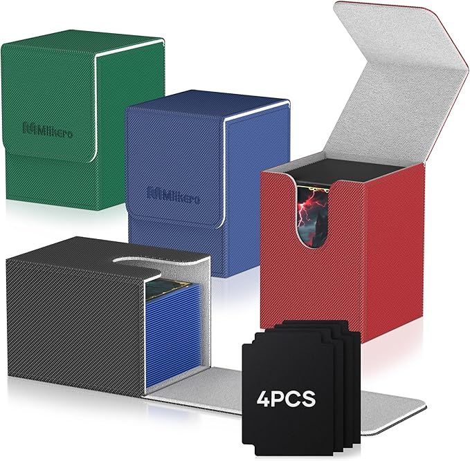 Mlikero 4 Pack Card Deck Box, Commander Deck Box Holds 400+ Single Sleeved Cards with 4 Dividers, Leather Magnetic Card Box Fit for MTG, TCG (4 Colors)