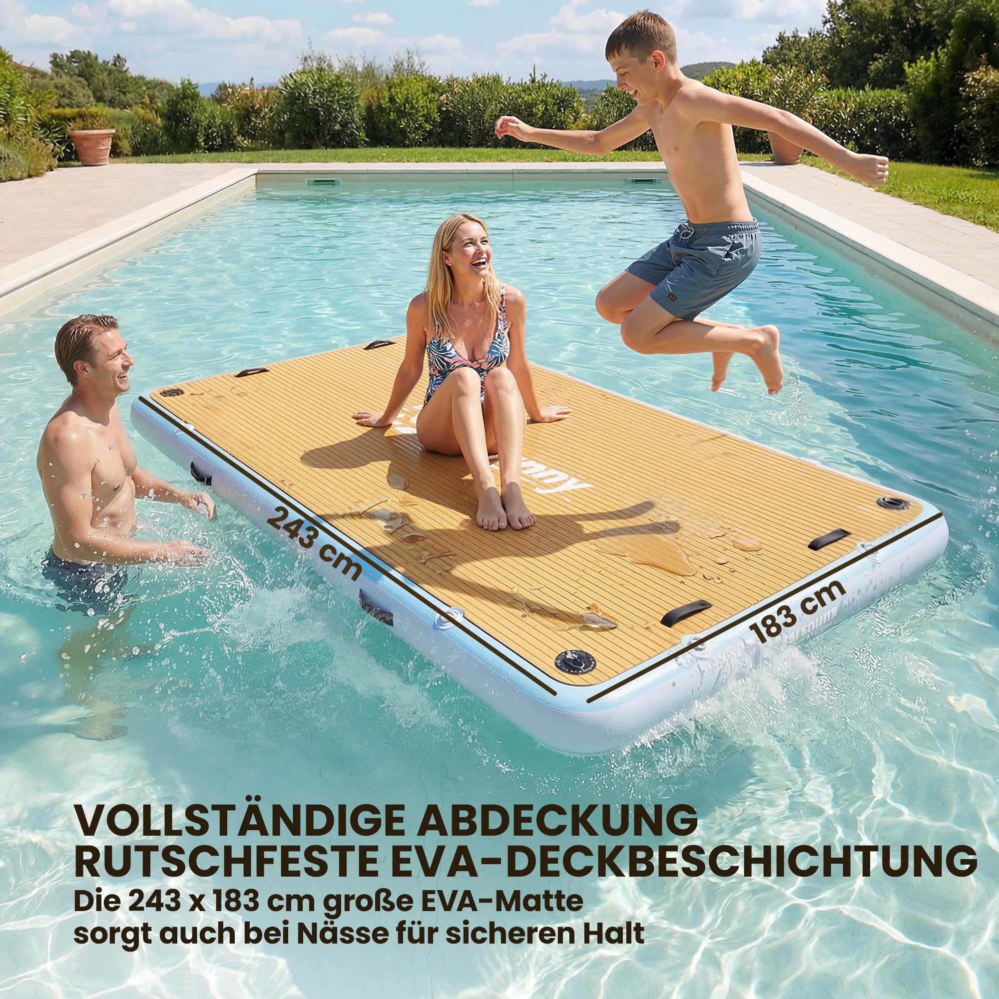 Outsunny Aufblasbares Dock Schwimmdock 2,4x1,8m Aufblasbar Schwimmende Plattform für 4-6 Personen mit rutschfest Oberfläche Abnehmbarer Leiter Luftpumpe Tragetasche Wasser Dockplattform für See Pool