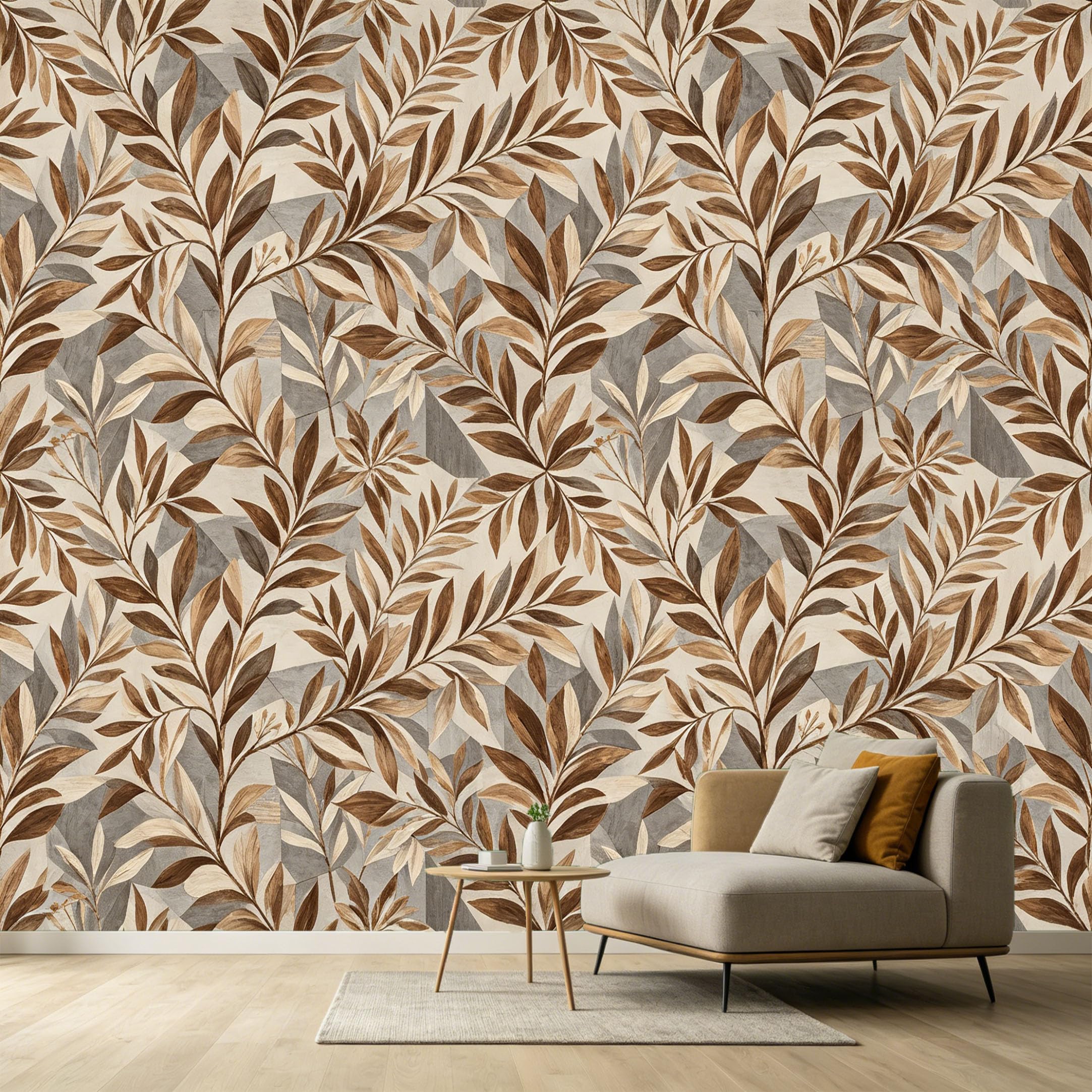 Custom Size Wall Murals Botanical Modern Geometric Leaves Pattern Neutral Tones SelfAdhesive Wall Fabric Removable Large Wallpaper for Photo Living Room Interior Decor
