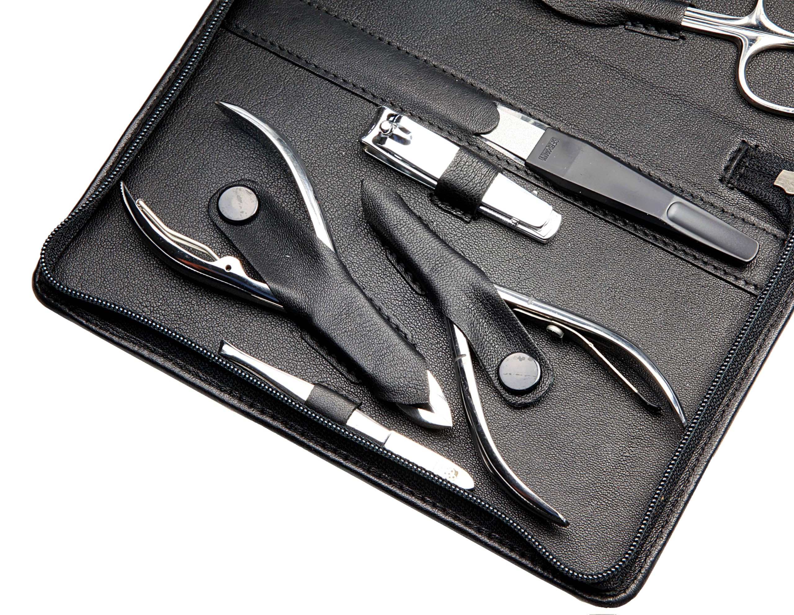 Sonnenschein by Hans Kniebes – 11-tlg. Maniküre Set – Nagelschere, Hautschere, Nagelzangen, Pinzette, Feile, Knipser – Maniküre-Etui aus Nappa-Lammleder Schwarz