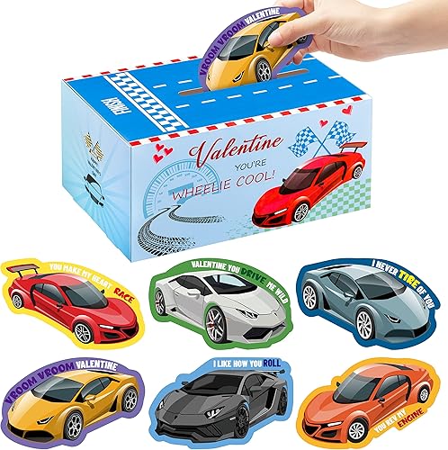 H1vojoxo 40 cajas de autos de carreras para el día de San Valentín para niños, tarjetas del día de San Valentín y buzón para intercambio en el aula,