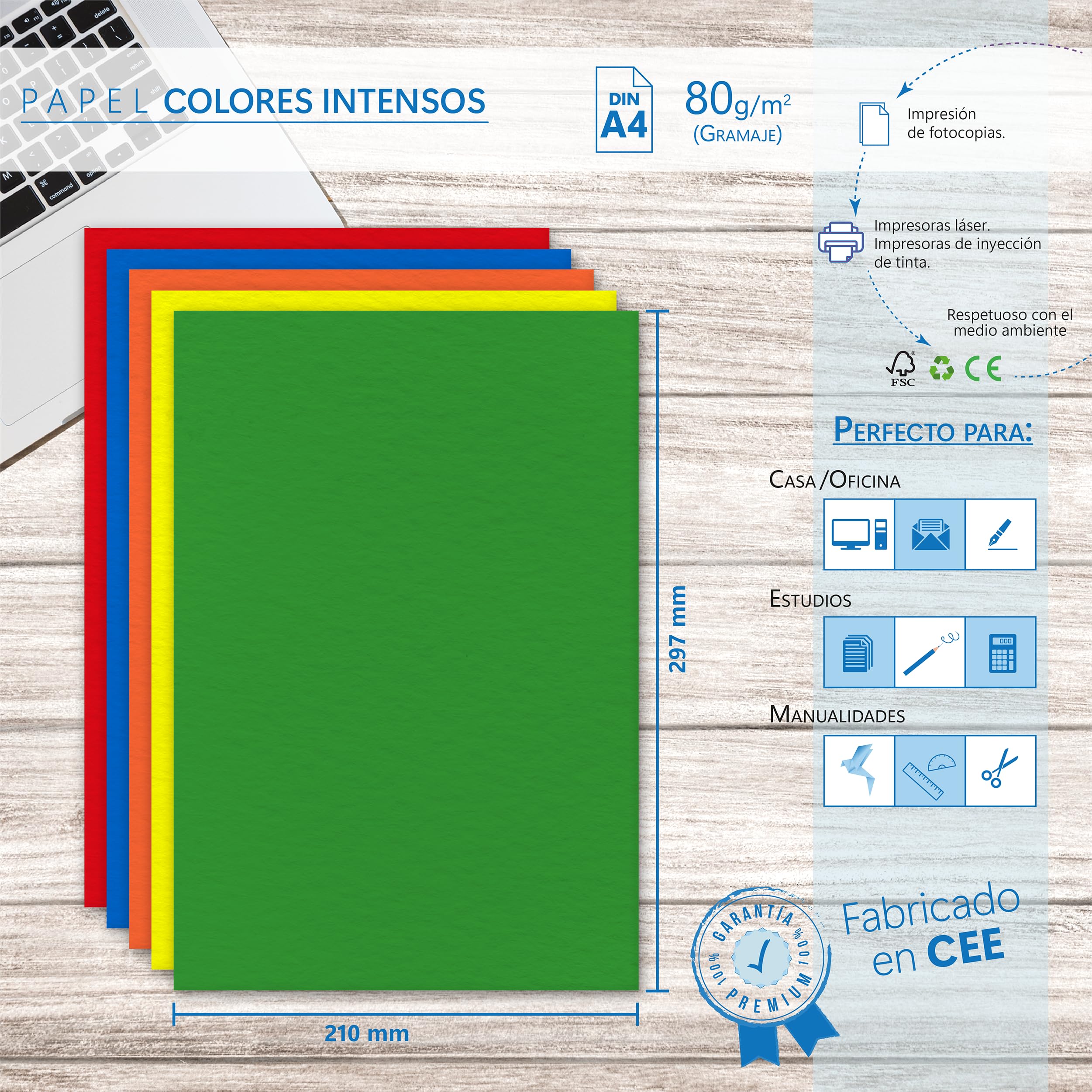 Folios Colores Pastel + Intensos A4 80 g 200 hojas Papel multifunción para Impresoras Inkjet y Láser 210 x 297 mm