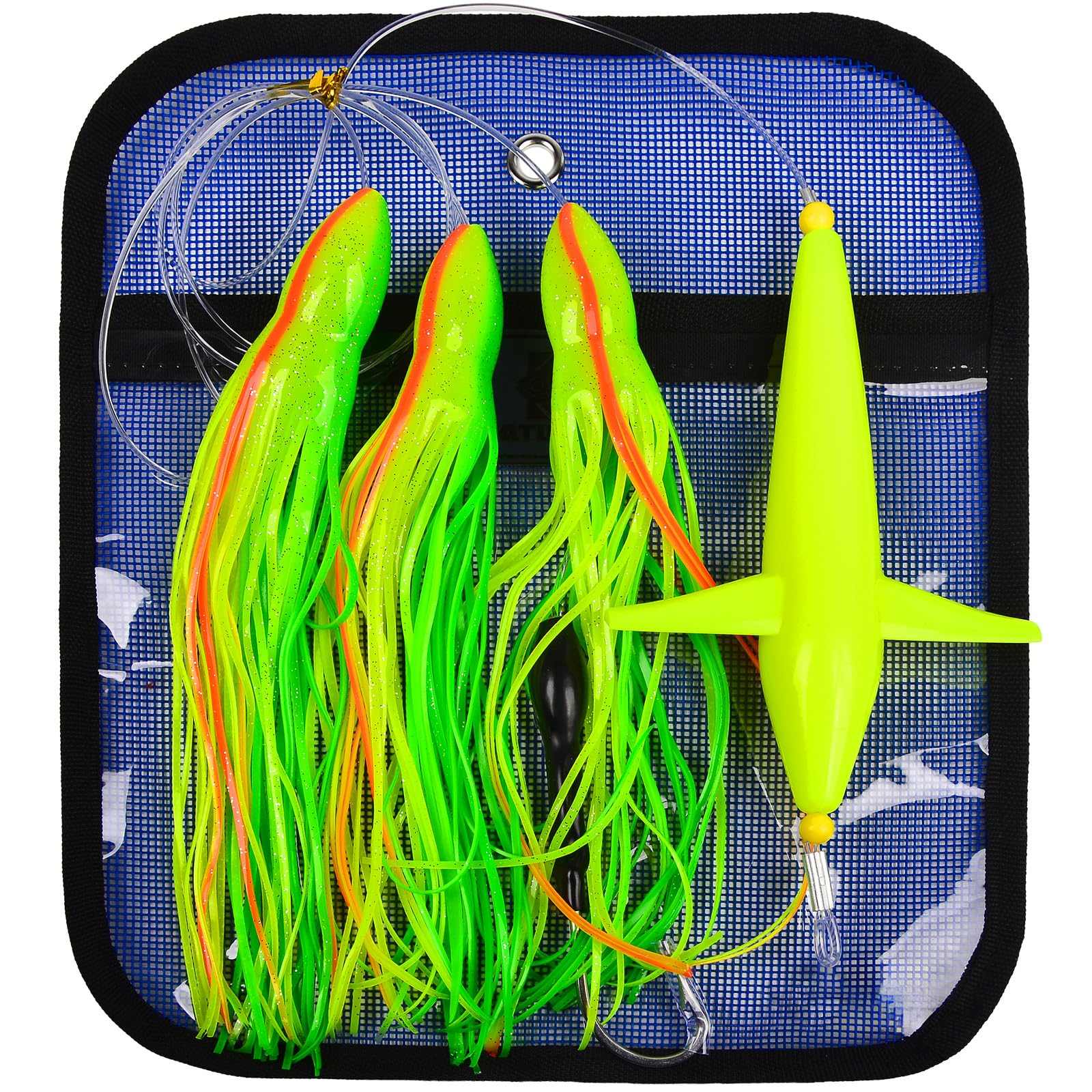 Vogel-Teaser Kettenköder Schleppköder – Big Game Teaser Salzwasser Offshore Thunfisch Mahi Wahoo Voll Rigged Bulb Squid Teaser Trolling Angelköder mit Netztasche