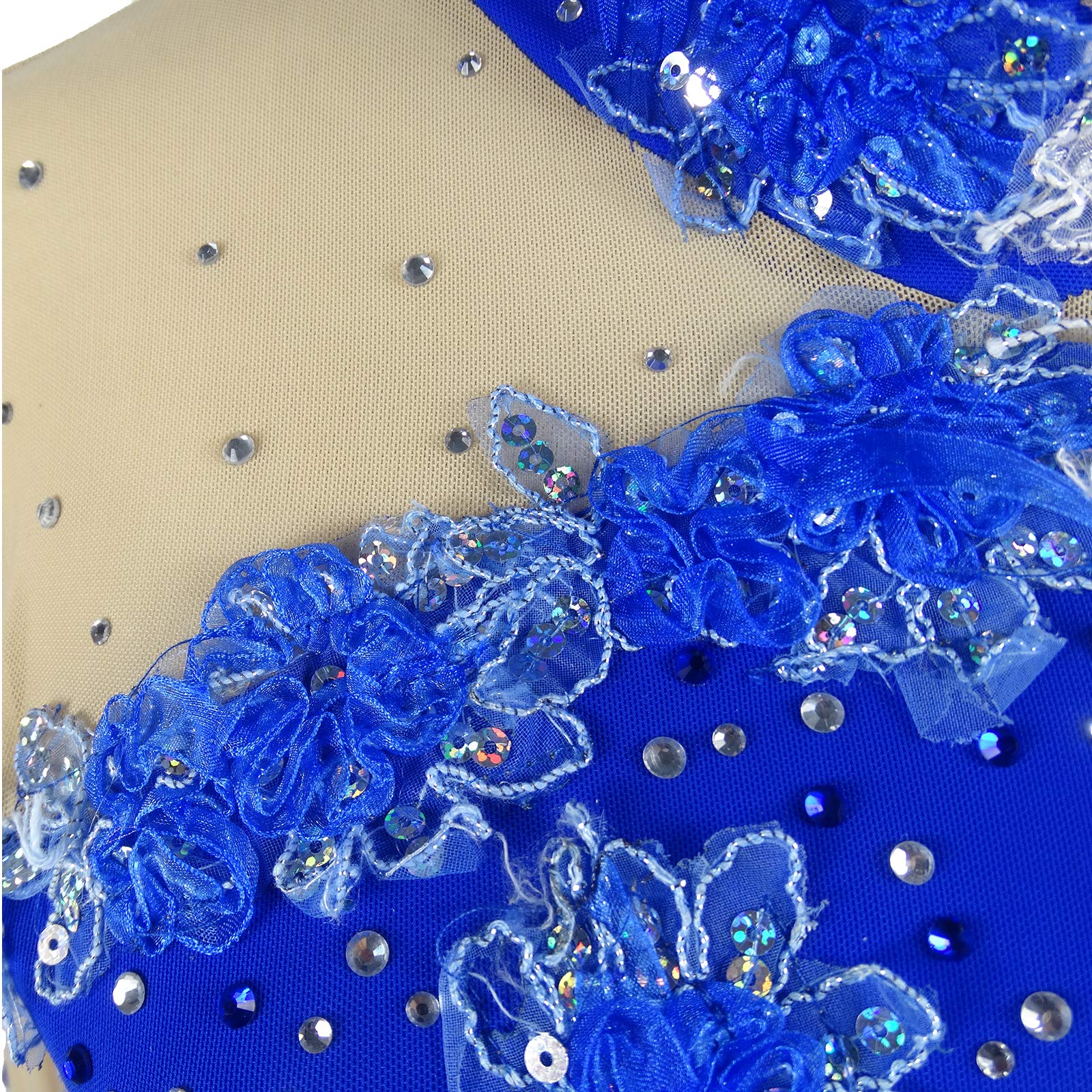 LIUHUO Robe Bleue de Patinage Artistique,Jupe de Patinage à Manches Longues sur Glace,Robes de compétition Spandex Manches Doigts Jupe en Maille