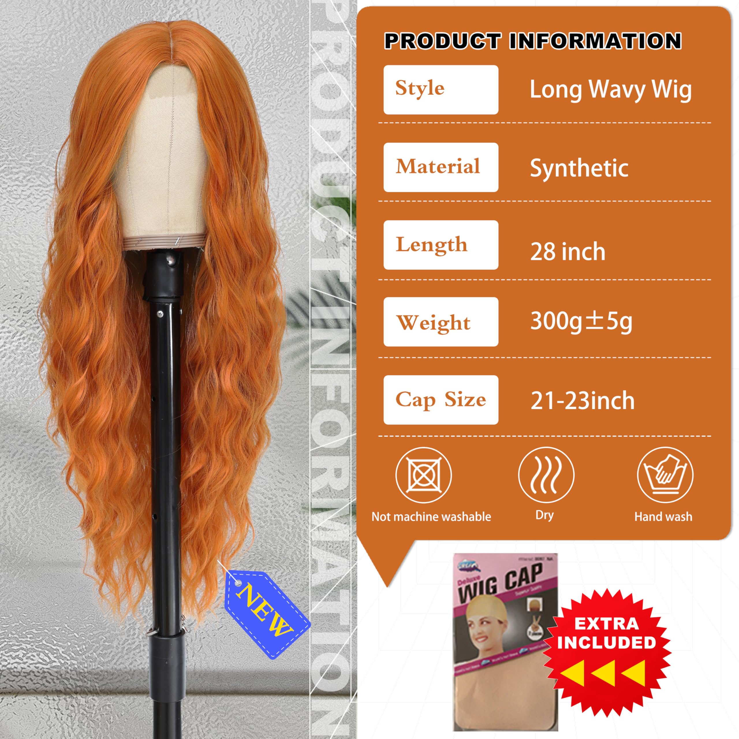 BUPPLER Cosplay Long Amber Orange Wig 28 Inch Middle Part Synthetic Wig Realistic Gifts Party Wigs for Women Daily Use Colorful Wigs (Amber Orange) - Image 3