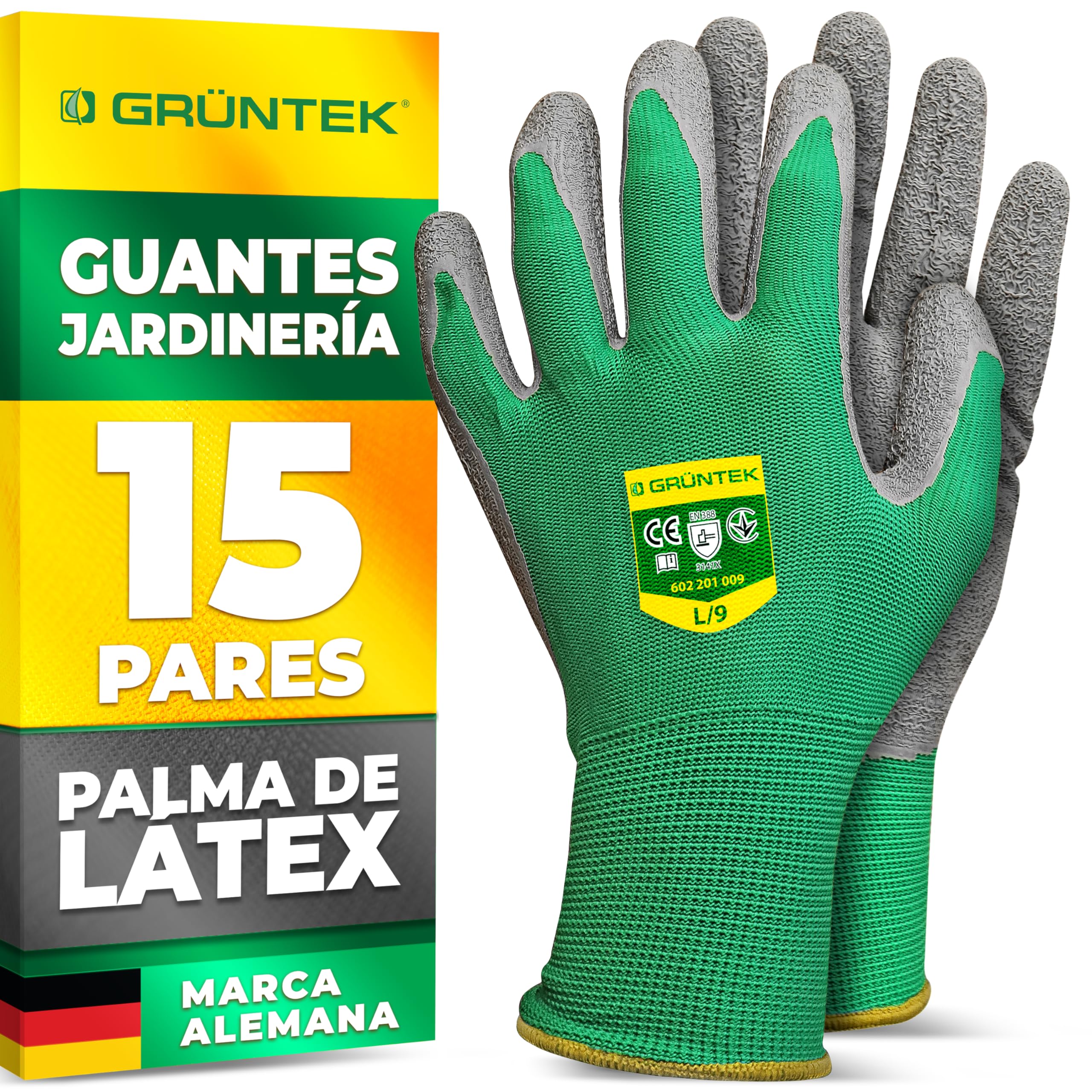 GRÜNTEK Guantes de Trabajo Jardinería 15 PARES para Hombre y Mujer Talla L/9 Guantes de Seguridad Palma de Latéx