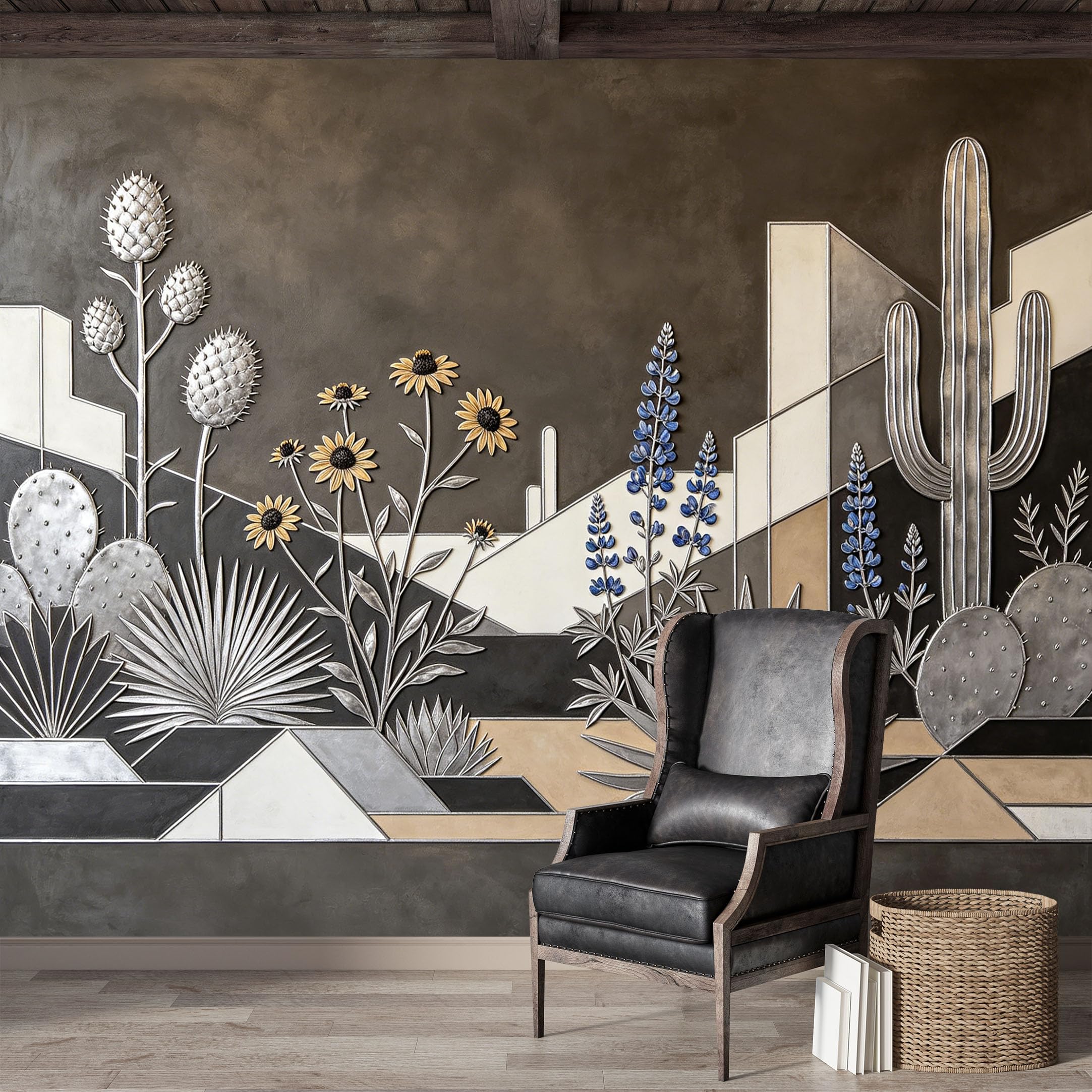 Custom Size Wall Mural,Southwestern Desert Landscape Botanical Art Deco Style Premium Water Activated SelfAdhesive Wallpaper,Removable Wall Covering for Indoor Home Decor