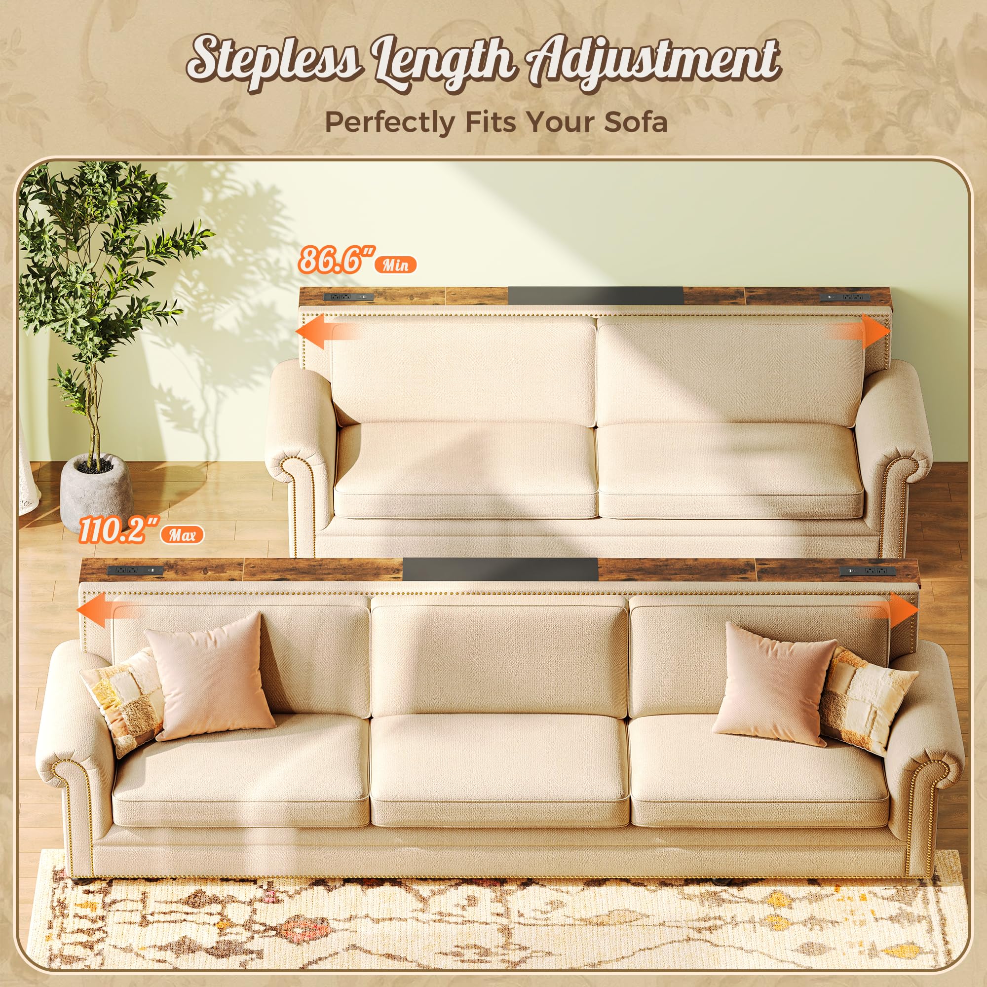 5 Best Sofa Tables for Behind the Couch in 2026 2 Huuger Narrow Sofa Table with 2 Power Outlets, 86.6-110.2 Inch Adjustable Length — product photo