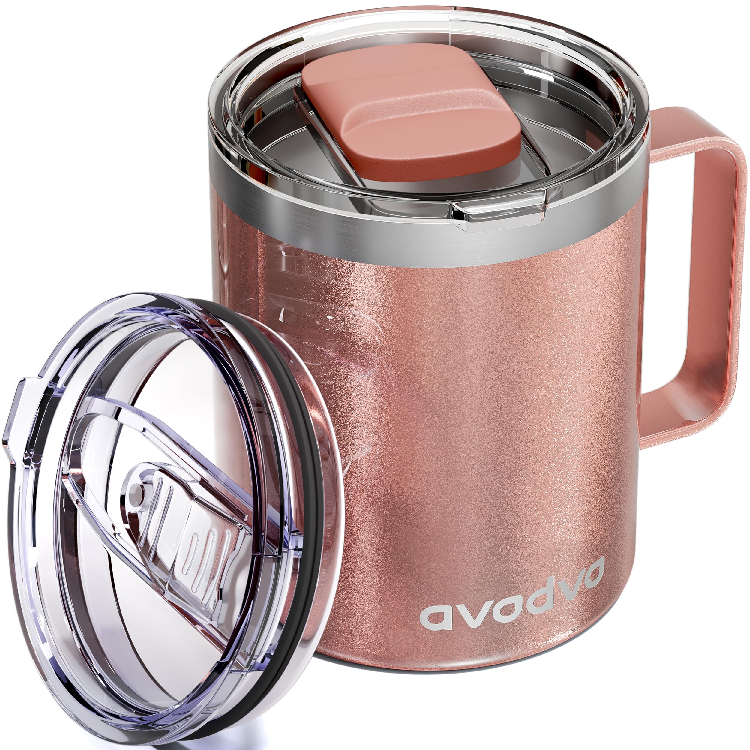 12oz Insulated Coffee Mug with 2 Lids &amp; Handle, Stainless Steel Cup