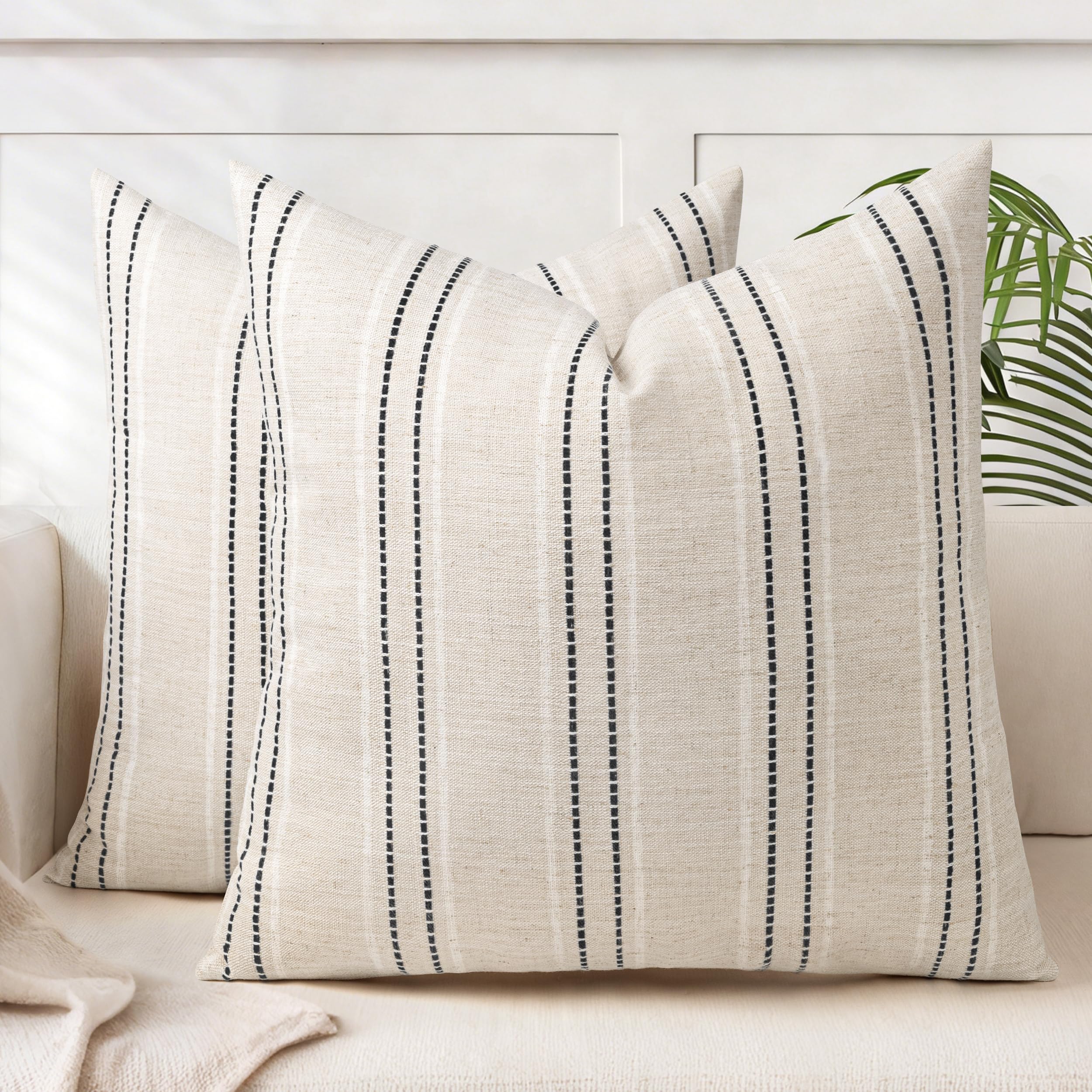 AELS 22x22 Decorative Farmhouse Linen Throw Pillow Covers, Boho Textured Pillow Case, Set of 2, Beige with White & Black Stitch Yarn Dyed Stripe Cushion Cover for Sofa Couch Living Room (Cover ONLY) — image 1