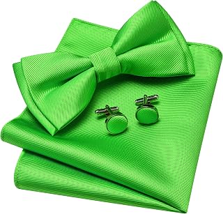 Mens Solid Color Two Layer Pre-tied Bow Tie and Pocket Square Cufflink Set with Gift Box