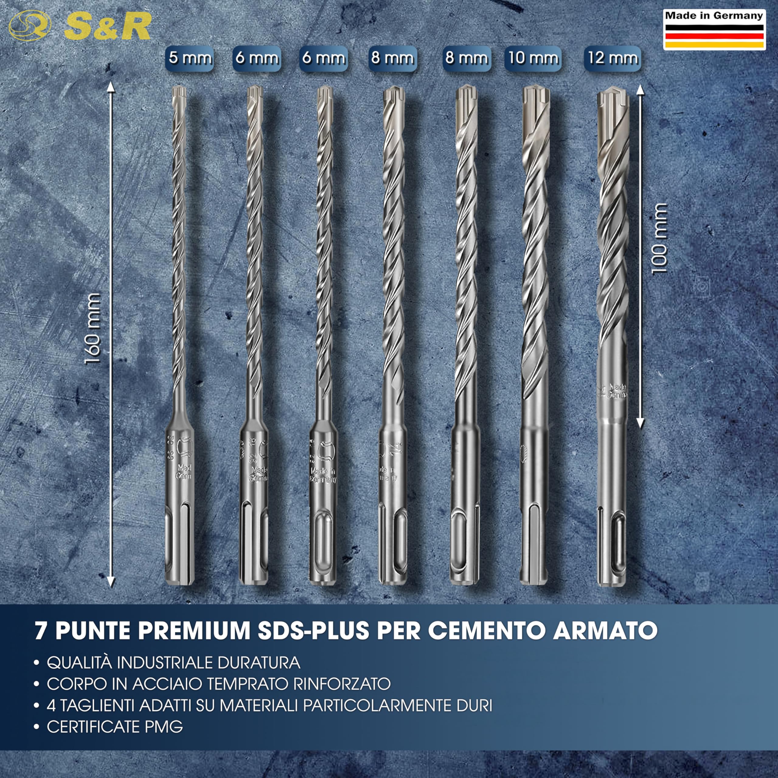 S&R Punte Trapano Muro PREMIUM SDS 4 Plus 4 taglienti. Per CEMENTO ARMATO e Muratura. 7 Punte MADE IN GERMANY 5/6/8/10/12 mm x 10 e16 cm